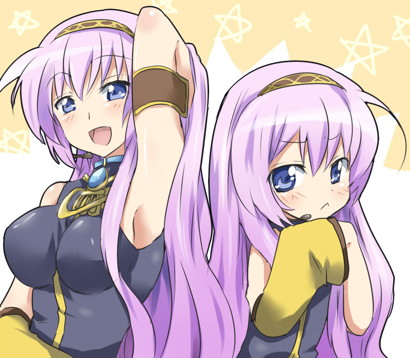 maruki (punchiki), megurine luka, vocaloid, bad id, bad pixiv id, 2girls, :<, age comparison, armpits, blue eyes, breasts, dual persona, hairband, headset, long hair, medium breasts, microphone, multiple girls, purple hair, time paradox