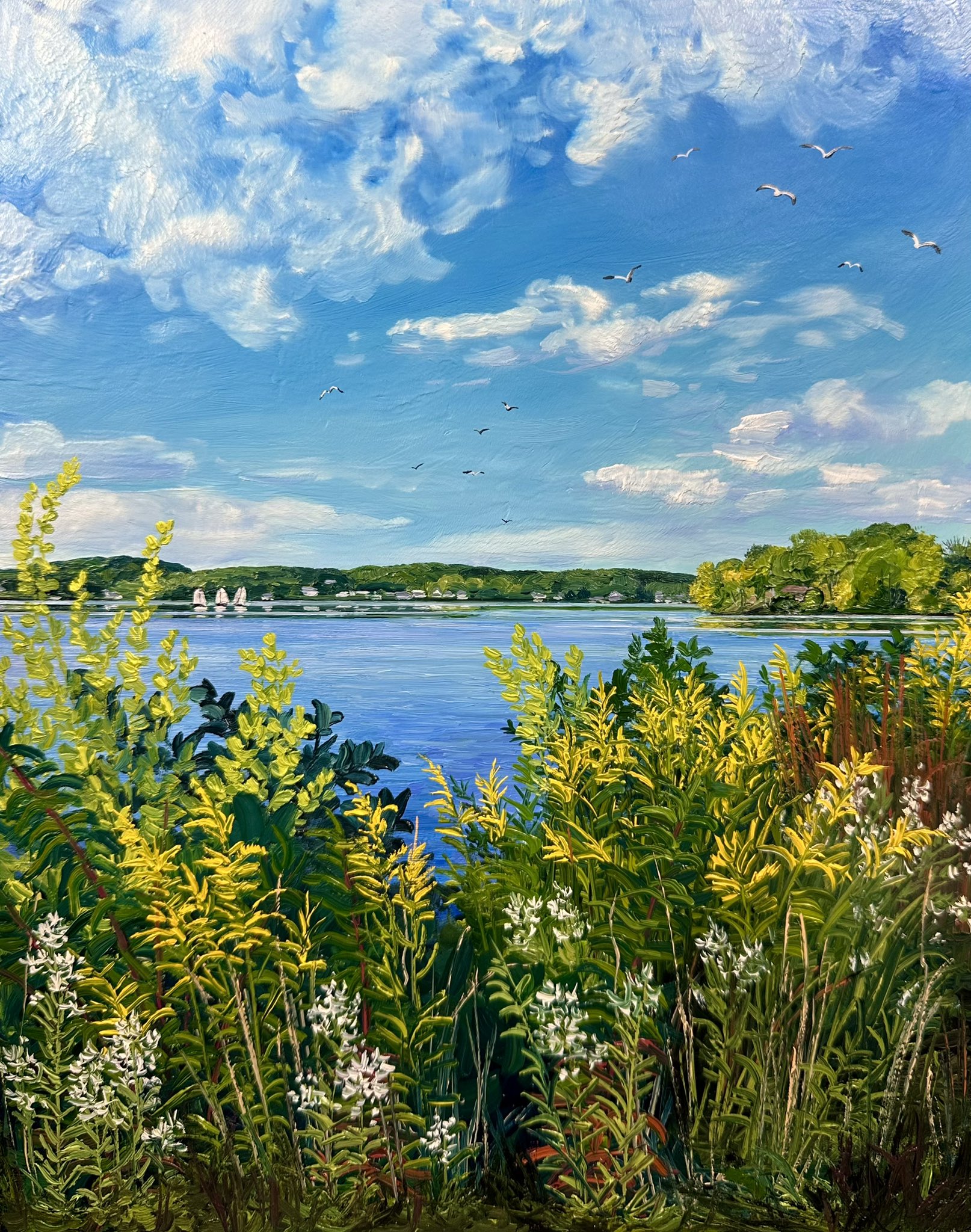 kate avery, original, commentary, english commentary, highres, oil painting (medium), painting (medium), traditional media, bird, blue sky, boat, cloud, cloudy sky, day, flower, grass, lake, no humans, outdoors, sailboat, scenery, seagull, sky, watercraft, yellow flower