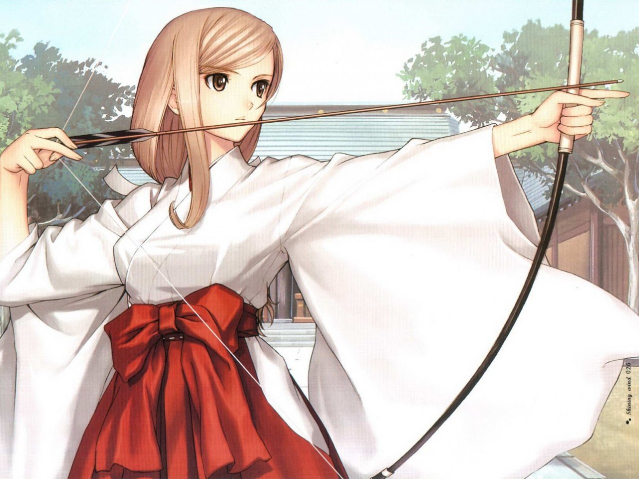 tanaka takayuki, touka kureha, shining (series), shining tears, shining wind, archery, japanese clothes, kyuudou, miko