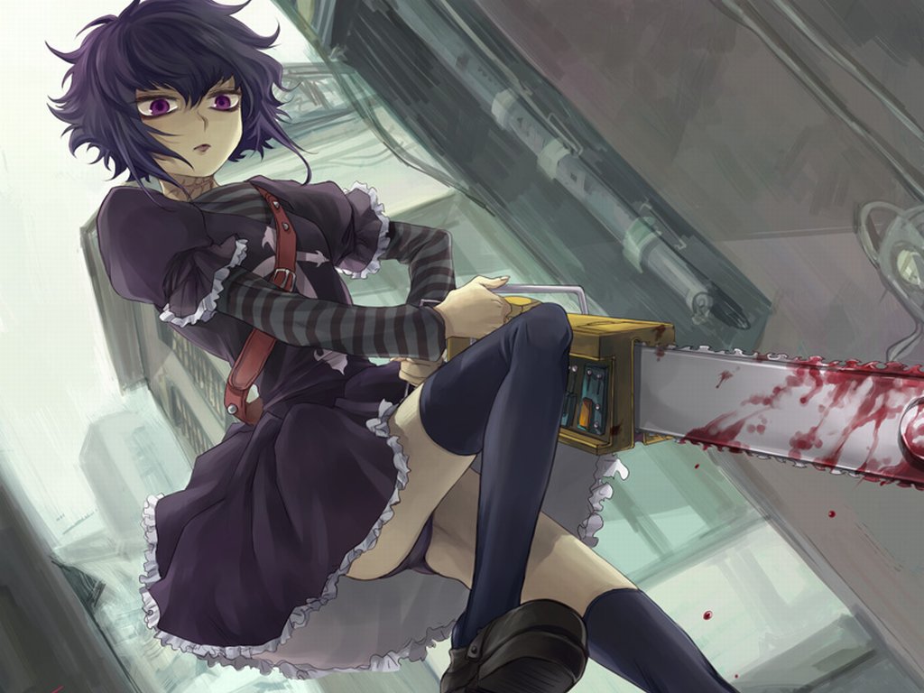 kayou (artist), frederica sawyer, black lagoon, bad tag, blood, chainsaw, panties, pantyshot, purple eyes, purple hair, short hair, skirt, thighhighs, underwear, zettai ryouiki