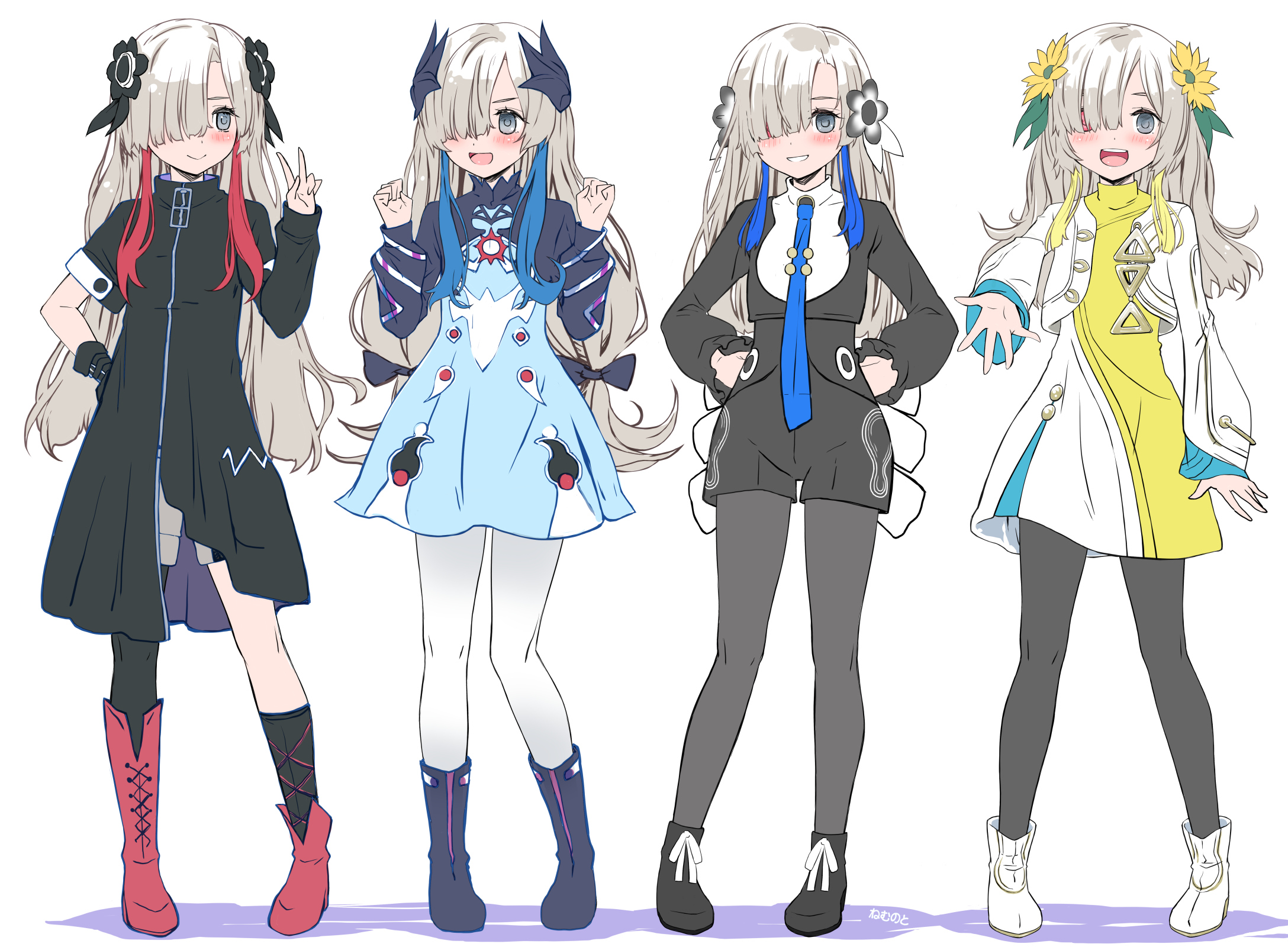noto (soranoto), isekaijoucho, kamitsubaki studio, highres, 4girls, blonde hair, blue hair, blush, boots, clone, coat, dress, gloves, grey hair, jacket, long hair, looking at another, looking at viewer, multicolored hair, multiple girls, open mouth, red hair, shorts, smile, two-tone hair, v