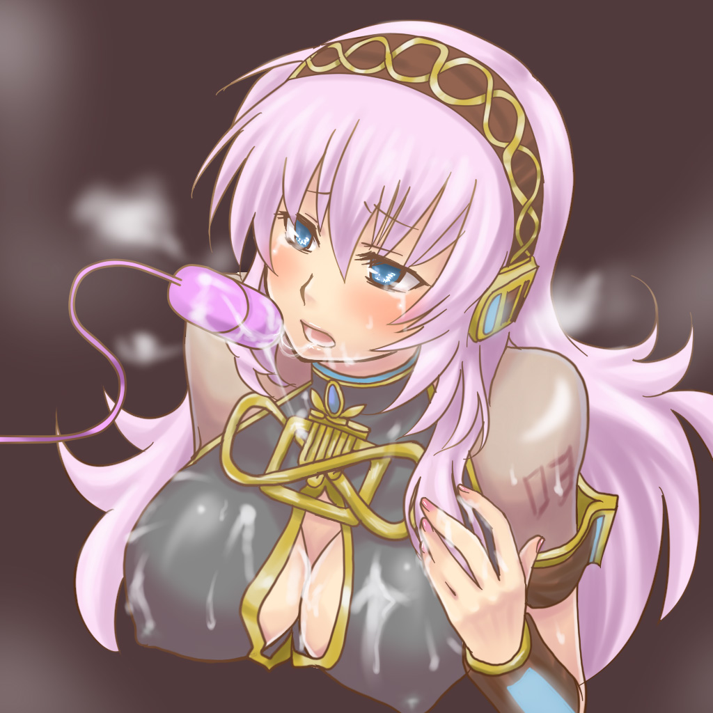 garuko, megurine luka, vocaloid, bad id, bad pixiv id, blue eyes, breasts, cleavage, covered erect nipples, cum, headphones, large breasts, long hair, pink hair, sex toy, solo, vibrator