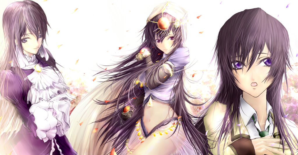 luluko, code geass, 1girl, :o, black hair, breasts, cosplay, dress, flower, genderswap, genderswap (mtf), gloves, hair ornament, long hair, midriff, navel, necktie, open mouth, petals, purple eyes, rurko, school uniform, serafuku, veil, very long hair