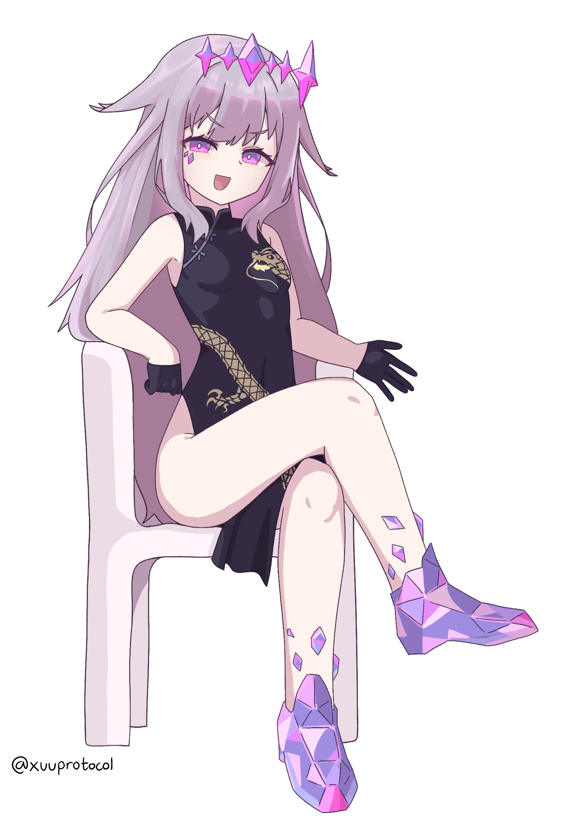 xuuprotocol, kisaki (blue archive), koseki bijou, blue archive, hololive, hololive english, absurdres, highres, >:), 1girl, :d, alternate costume, artist name, bare shoulders, black dress, black gloves, chair, china dress, chinese clothes, colored inner hair, cosplay, dress, feet, gem, gloves, hair ornament, jewel under eye, kisaki (blue archive) (cosplay), long hair, looking at viewer, messy hair, multicolored hair, open mouth, pelvic curtain, pink hair, purple eyes, purple hair, simple background, sitting, sleeveless, sleeveless dress, smile, smug, solo, v-shaped eyebrows, very long hair, virtual youtuber