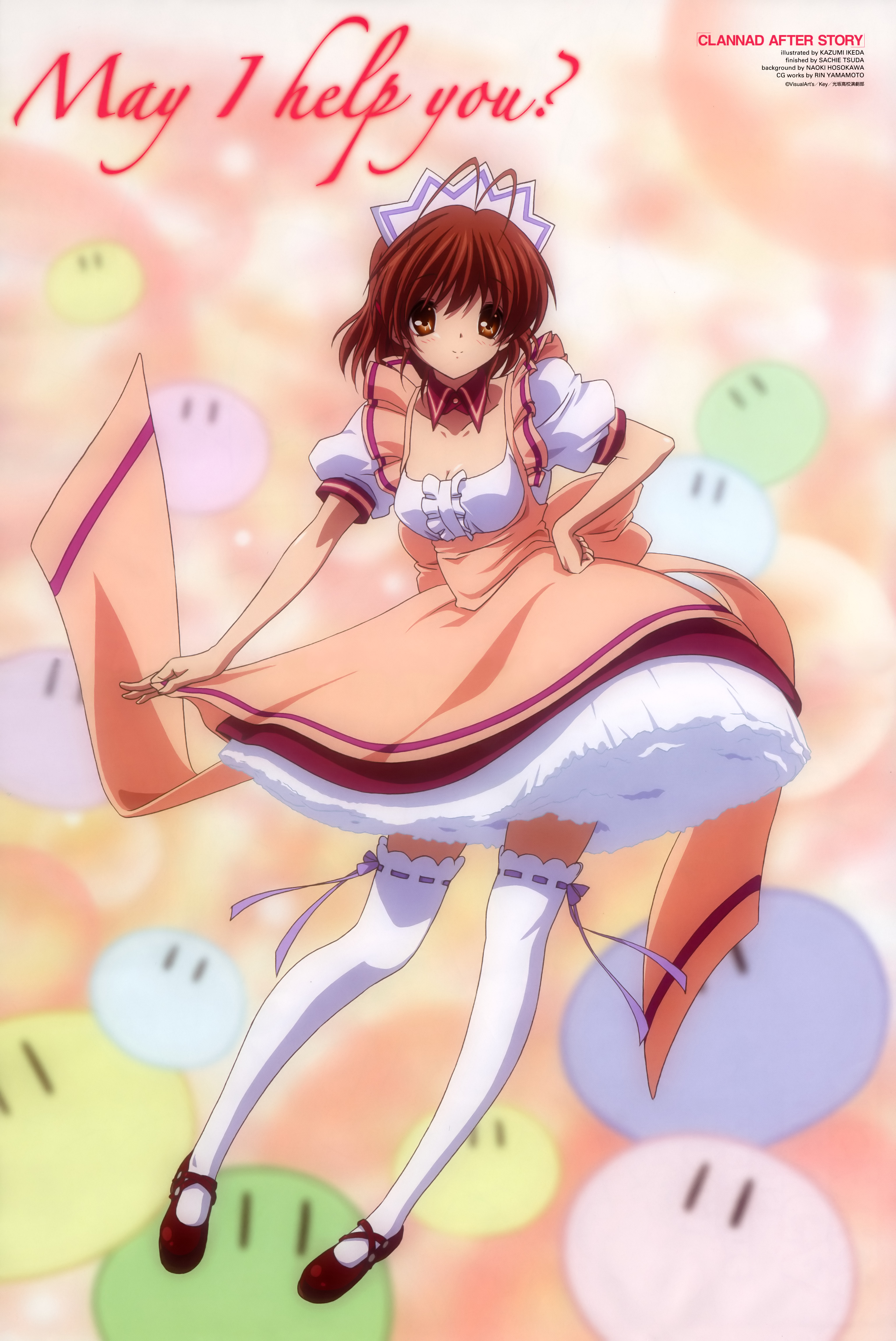 ikeda kazumi, furukawa nagisa, clannad, dango daikazoku, newtype, absurdres, highres, magazine scan, non-web source, official art, scan, 00s, 1girl, antenna hair, breasts, brown eyes, brown hair, cleavage, dango, english text, female focus, food, hand on own hip, headband, hip focus, large breasts, maid, ribbon, ribbon-trimmed legwear, ribbon trim, shoes, short hair, solo, thighhighs, wagashi, waitress, white thighhighs