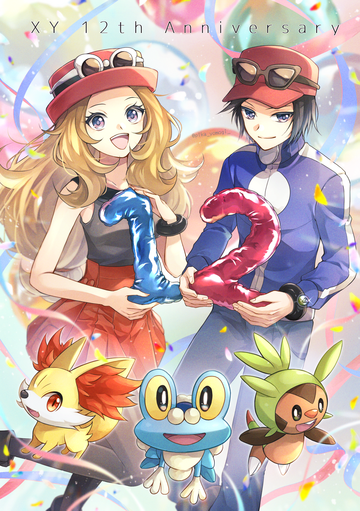 yomogi (black-elf), calem (pokemon), chespin, fennekin, froakie, serena (pokemon), nintendo, pokemon, pokemon xy, highres, 1boy, 1girl, anniversary, balloon, black hair, black thighhighs, blonde hair, blue eyes, blue jacket, breasts, closed mouth, confetti, eyelashes, eyewear on headwear, fox, frog, gen 6 pokemon, hat, holding, holding balloon, jacket, long hair, long sleeves, looking at viewer, mega ring, open mouth, pants, pink hat, pokemon (creature), red eyes, red hat, red skirt, shirt, short hair, skirt, sleeveless, sleeveless shirt, smile, starter pokemon trio, streamers, sunglasses, teeth, thighhighs, turtleneck, turtleneck jacket, upper teeth only, white-framed eyewear, yellow fur