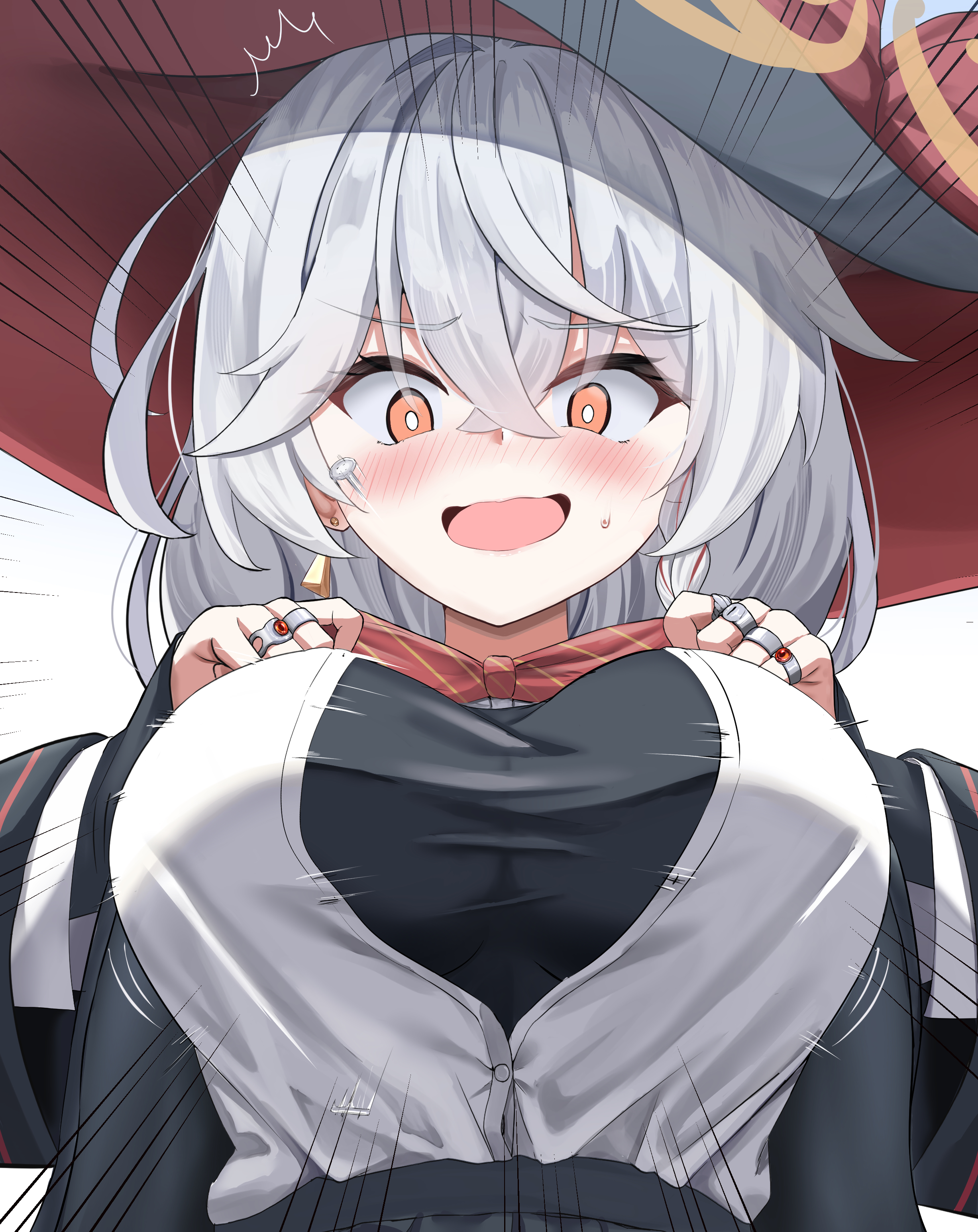 yoshino sakura (0db5t510388113n), eri (blue archive), blue archive, absurdres, commentary, highres, 1girl, adjusting bowtie, black jacket, blush, bow, bowtie, breasts, bursting breasts, emphasis lines, flying button, grey hair, halo, hat, jacket, jewelry, large breasts, long sleeves, multiple rings, open clothes, open jacket, open mouth, orange eyes, popped button, red bow, red bowtie, red hat, ring, shirt, simple background, solo, undershirt, upper body, white background, white shirt, witch hat, yellow halo