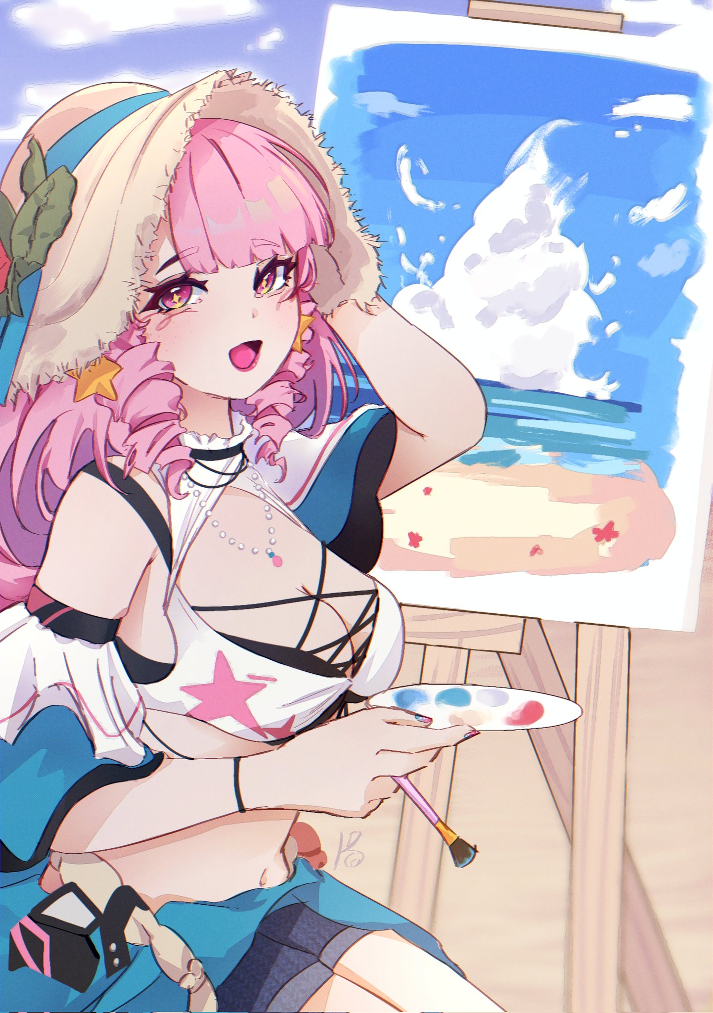 ka yoru, ayla: kaleido (blue crush) (pgr), ayla (pgr), punishing: gray raven, highres, 1girl, :d, bikini, blue nails, blue shorts, breasts, cleavage, drill hair, drill sidelocks, earrings, hat, holding, holding paintbrush, jewelry, large breasts, long hair, looking at viewer, necklace, open mouth, paintbrush, pink eyes, pink hair, shorts, sidelocks, sitting, smile, solo, straw hat, swimsuit, twin drills, white bikini
