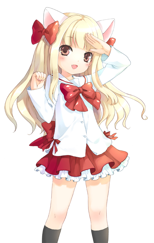 cuteg, uematsu koboshi, pita ten, bad id, bad pixiv id, 1girl, animal ears, black socks, blonde hair, blunt bangs, blush, bow, brown eyes, cat ears, child, female focus, frilled skirt, frills, hair ribbon, long hair, looking at viewer, ribbon, sailor collar, skirt, socks, solo, standing, white background