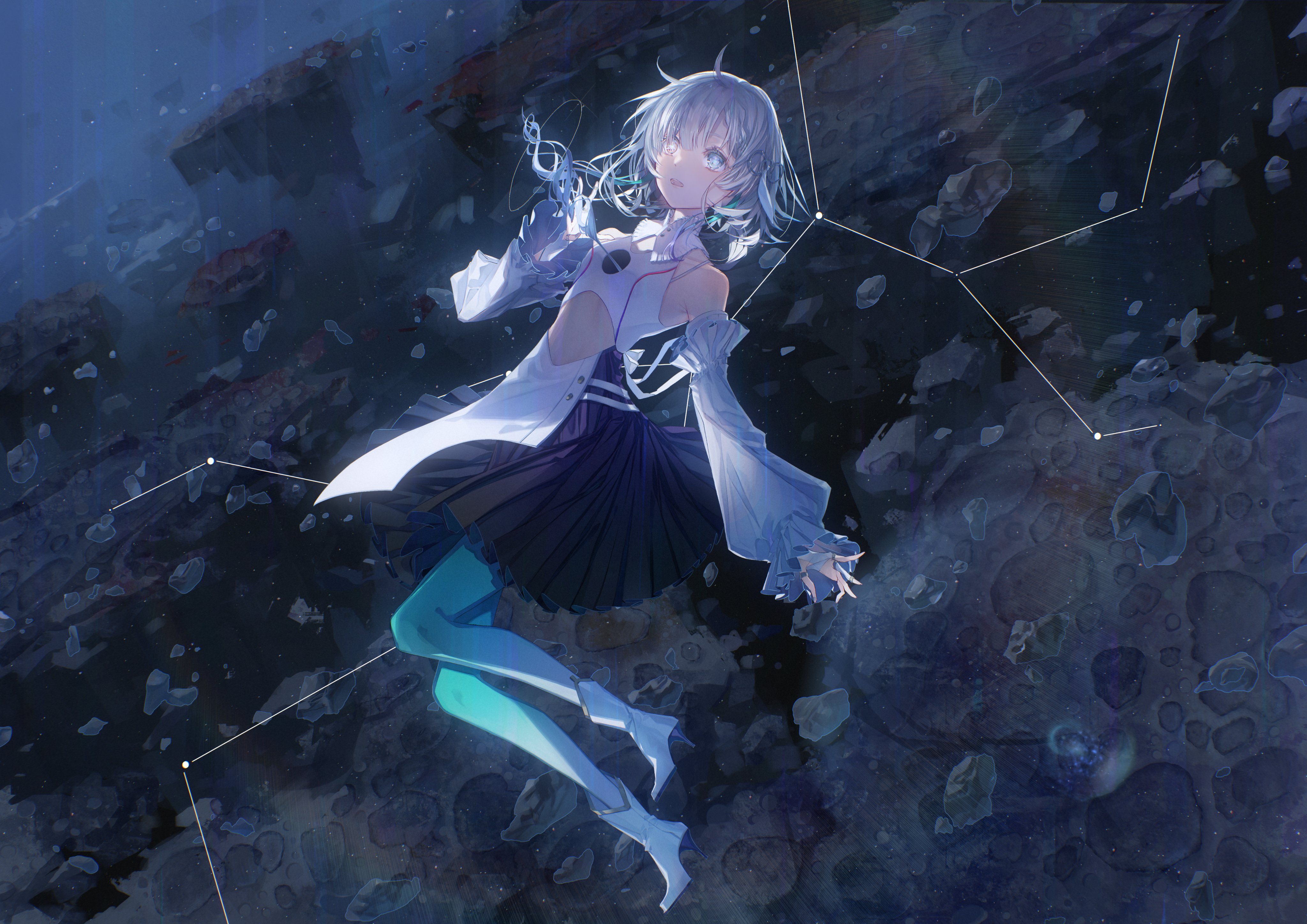 isekaijoucho (artist), isekaijoucho, kamitsubaki studio, absurdres, highres, official art, 1girl, bare shoulders, blue eyes, boots, breasts, detached sleeves, dress, floating, full body, heterochromia, high heel boots, high heels, looking at viewer, open mouth, short hair, small breasts, solo