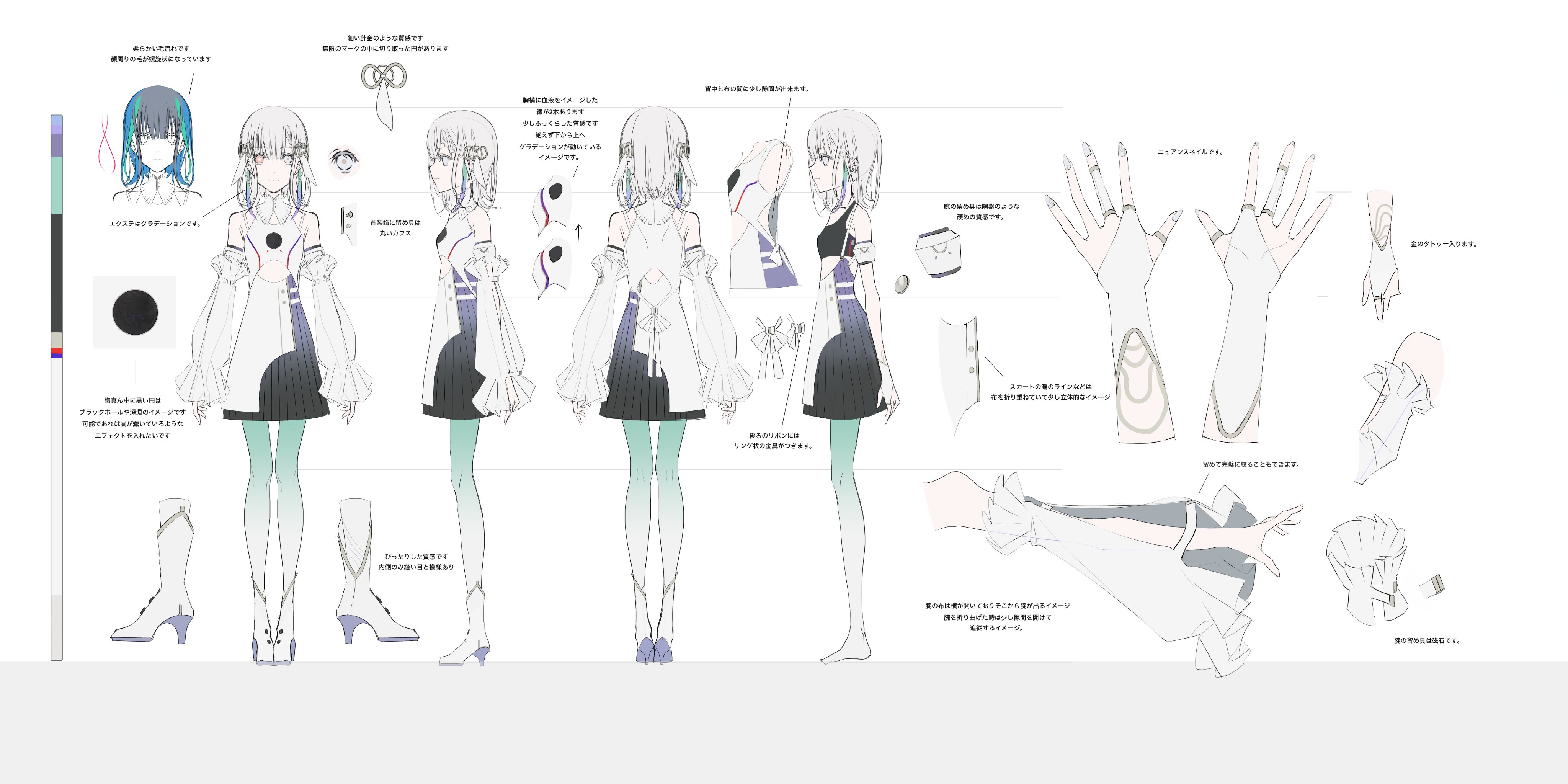 isekaijoucho (artist), isekaijoucho, kamitsubaki studio, absurdres, commentary request, concept art, highres, official art, translation request, 1girl, bare shoulders, boots, breasts, bridal gauntlets, color guide, detached sleeves, dress, full body, grey eyes, grey hair, heterochromia, high heel boots, high heels, multiple views, pantyhose, red eyes, short hair, small breasts