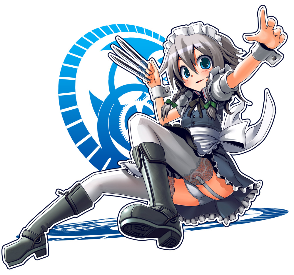 patorishia, patricia (stylish marunage), izayoi sakuya, touhou, silver hair, 1girl, between fingers, blue eyes, blush, boots, female focus, garter belt, hairband, holding, knife, maid, panties, ribbon, short hair, socks, solo, thighhighs, throwing knife, underwear, weapon