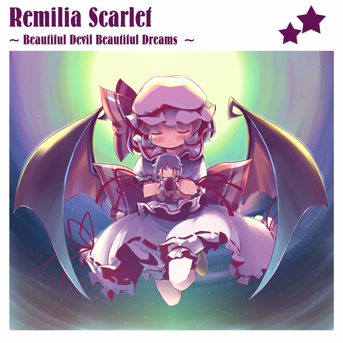 takahero, izayoi sakuya, remilia scarlet, touhou, highres, 1girl, bat wings, blush, character doll, closed eyes, doll, female focus, hat, moon, ribbon, solo, wings
