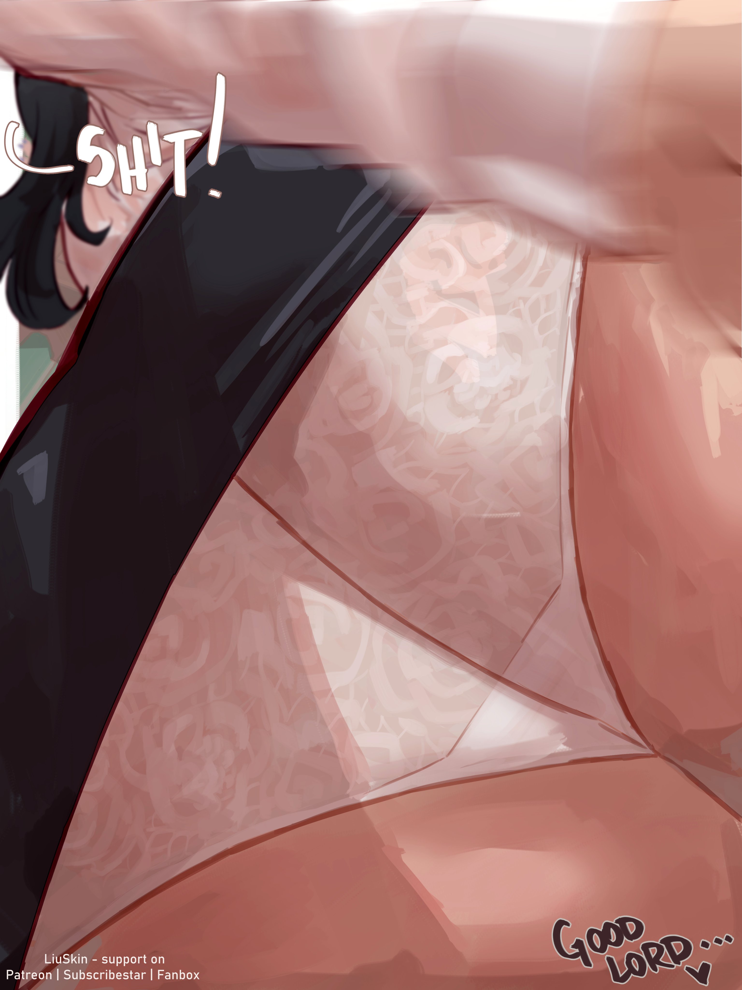 liuskin, kiryuuin satsuki, kill la kill, absurdres, highres, 1girl, alternate costume, artist name, ass, ass focus, black hair, black skirt, english text, greyscale, lace, lace panties, long hair, microskirt, monochrome, motion blur, panties, shirt, skirt, solo, underwear, upskirt, white panties, white shirt