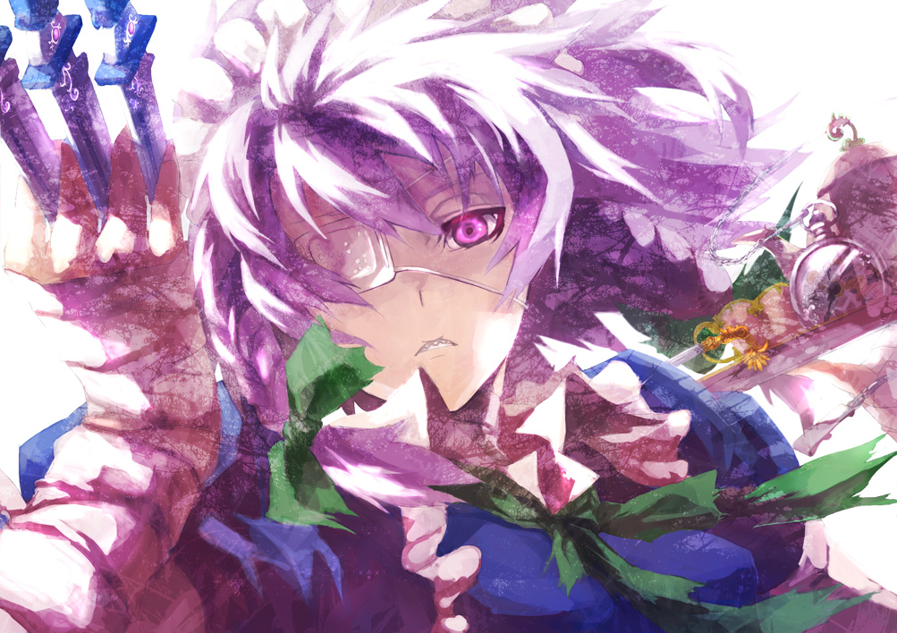 9ji, 9ji (8giri), izayoi sakuya, touhou, light purple hair, silver hair, 1girl, between fingers, clock, eyepatch, female focus, glaring, hairband, holding, knife, purple eyes, ribbon, sharp teeth, short hair, solo, teeth, throwing knife, weapon