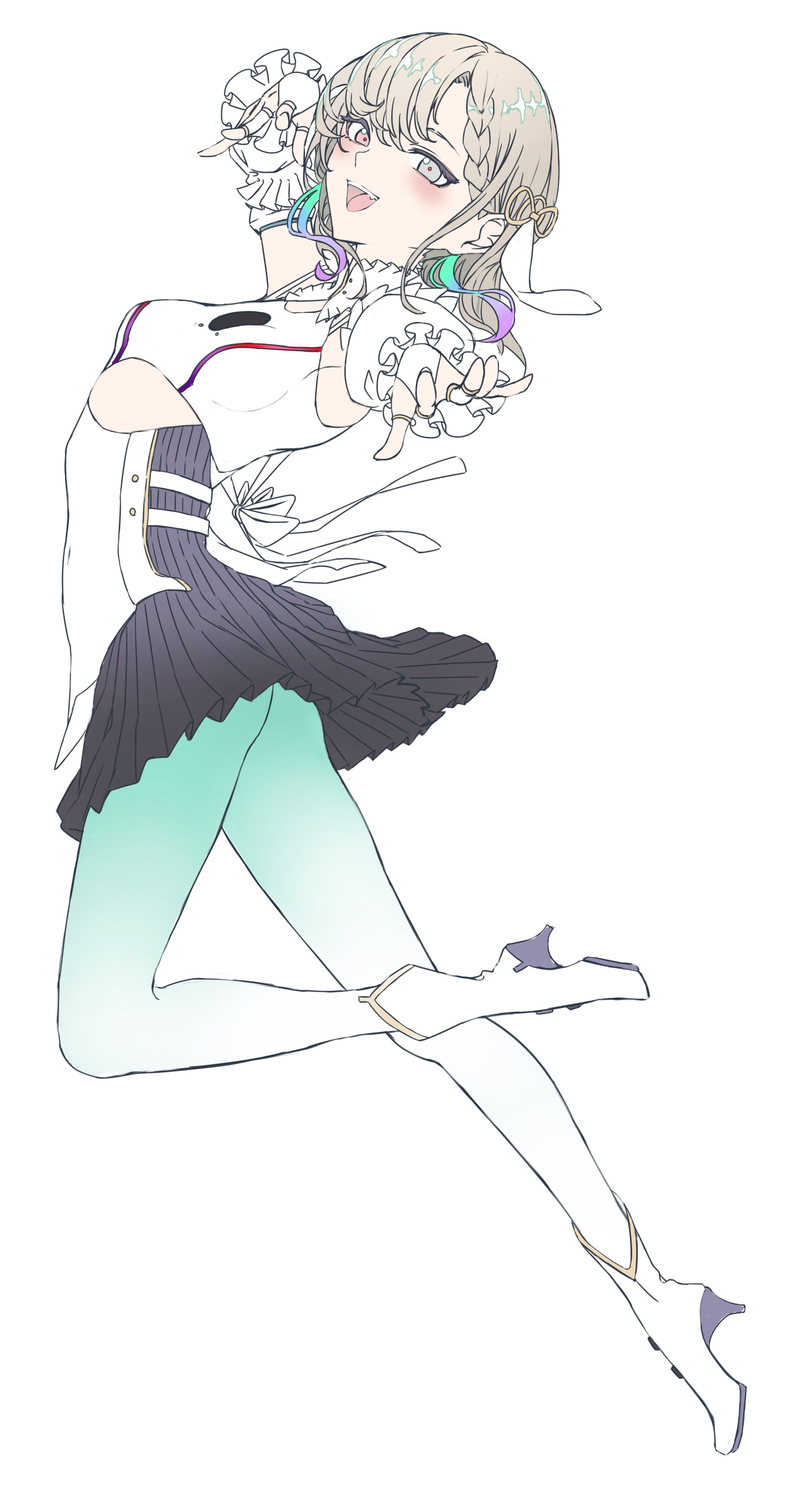 kino (kin0 oz), isekaijoucho, kamitsubaki studio, absurdres, highres, 1girl, blush, boots, breasts, bridal gauntlets, detached sleeves, full body, grey eyes, grey hair, heterochromia, high heel boots, high heels, looking at viewer, multicolored hair, open mouth, pantyhose, red eyes, short hair, simple background, small breasts, smile, solo, white background