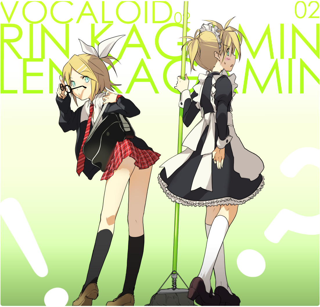 kaimuari, kagamine len, kagamine rin, vocaloid, 1boy, 1girl, alternate costume, brother and sister, crossdressing, enmaided, glasses, maid, necktie, red necktie, school uniform, siblings, trap, twins