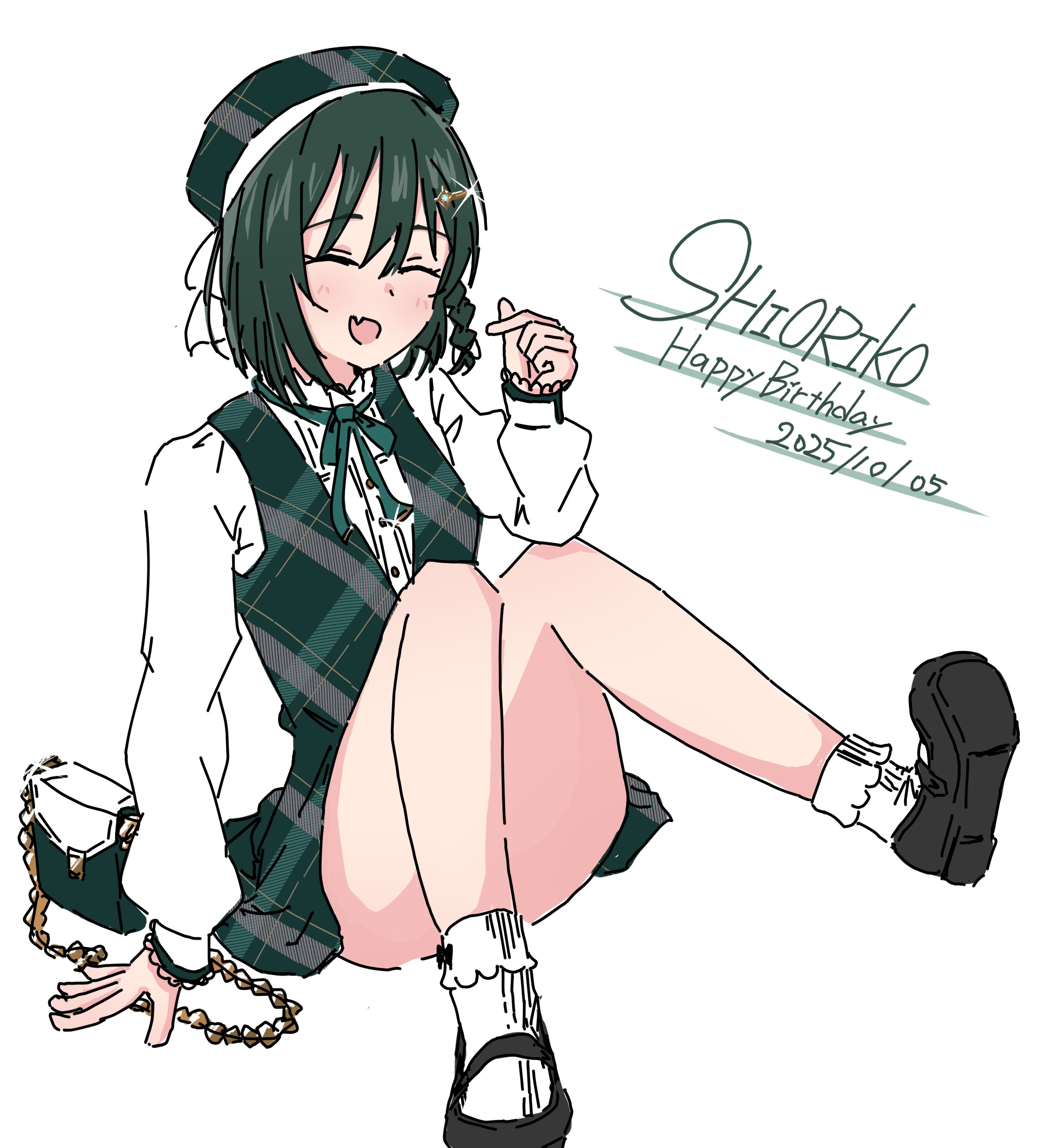 yozorapi, mifune shioriko, love live!, love live! nijigasaki high school idol club, absurdres, commentary, hashtag-only commentary, highres, 1girl, :d, ^ ^, bag, beret, black shoes, braid, character name, closed eyes, convenient leg, dated, dress, fang, finger heart, fold-over socks, full body, green bag, green dress, green hat, green ribbon, handbag, happy birthday, hat, knees up, long sleeves, mary janes, neck ribbon, open mouth, plaid hat, purple dress, ribbon, shirt, shoes, short dress, side braid, simple background, skin fang, smile, socks, solo, white background, white shirt, white socks