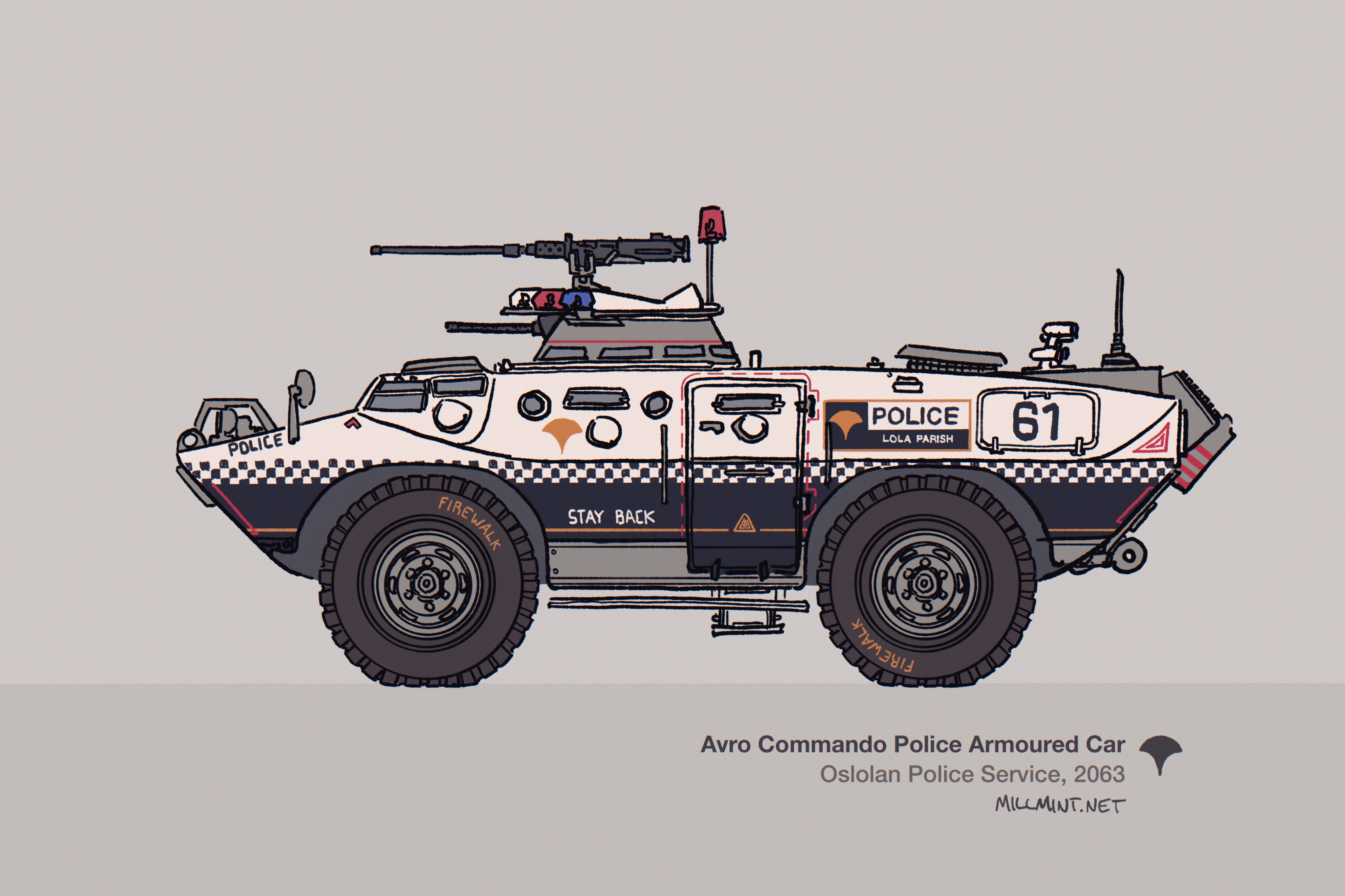 original, absurdres, highres, armored vehicle, car, english text, from side, grey background, motor vehicle, no humans, police car, simple background, solo, vekllei, white car
