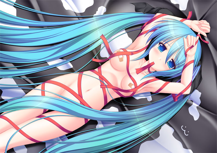 kageira, hatsune miku, vocaloid, 1girl, armpits, arms up, bandaid, bandaids on nipples, blue eyes, blue hair, censored, convenient censoring, female focus, hair censor, long hair, lying, matching hair/eyes, naked ribbon, nude, pasties, ribbon, solo, twintails, very long hair