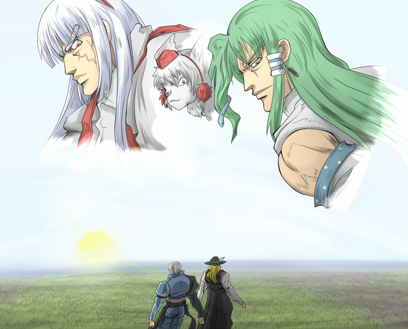 batsu, iyuu, fujiwara no mokou, iggy (jojo), inubashiri momiji, joseph joestar, joseph joestar (old), kakyoin noriaki, kirisame marisa, kochiya sanae, kuujou joutarou, mohammed avdol, morichika rinnosuke, shameimaru aya, jojo no kimyou na bouken, touhou, derivative work, 1boy, 3girls, araki hirohiko (style), comic panel redraw, dog, grass, multiple girls, muscular, ocean, parody, style parody, sunset