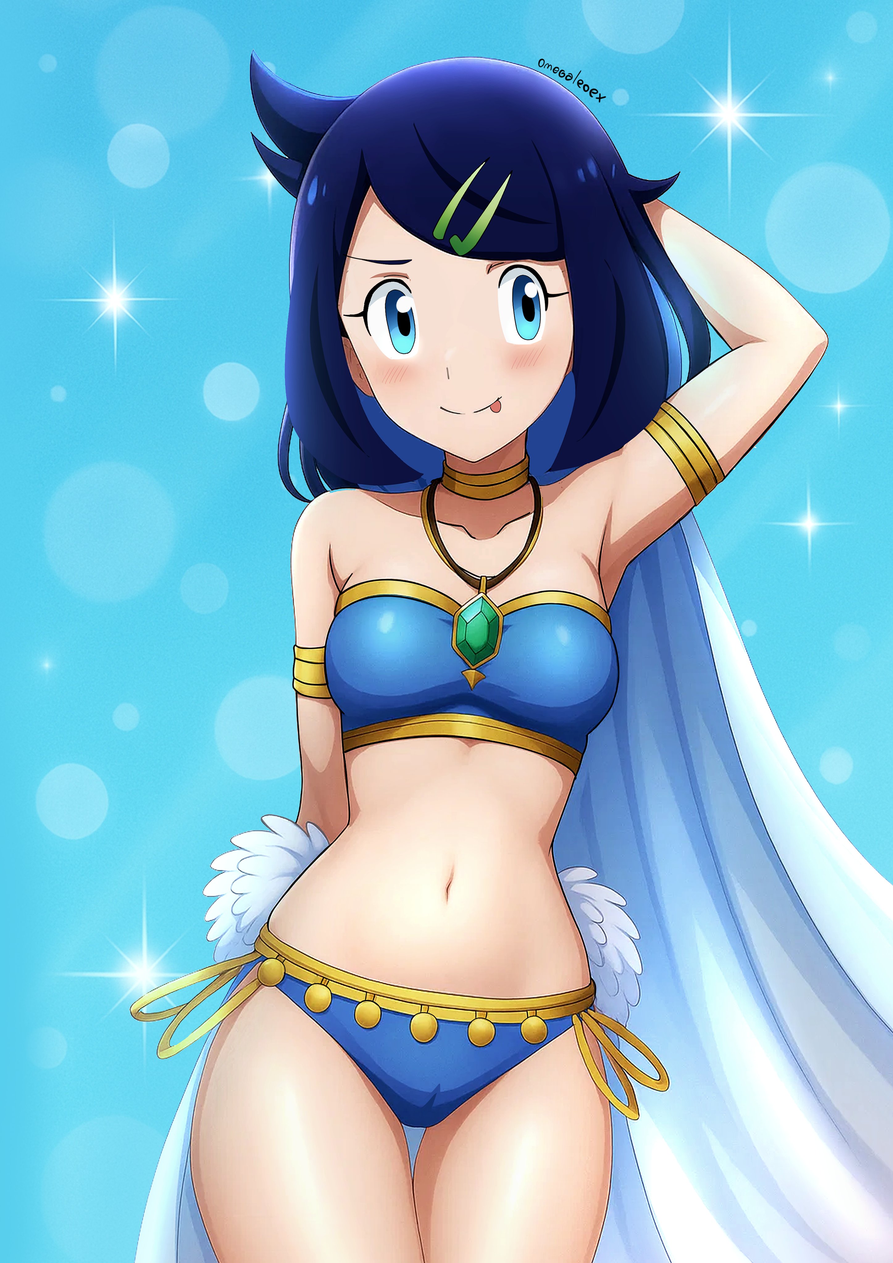alexkonakona, liko (pokemon), nintendo, pokemon, pokemon (anime), pokemon horizons, absurdres, commentary, commission, highres, 1girl, :p, alternate costume, arm up, armlet, bikini, black hair, blue background, blue bikini, blue eyes, blush, closed mouth, collarbone, cowboy shot, cowlick, eyelashes, hair ornament, hairclip, jewelry, long hair, navel, pendant, signature, smile, solo, sparkle, swimsuit, tongue, tongue out