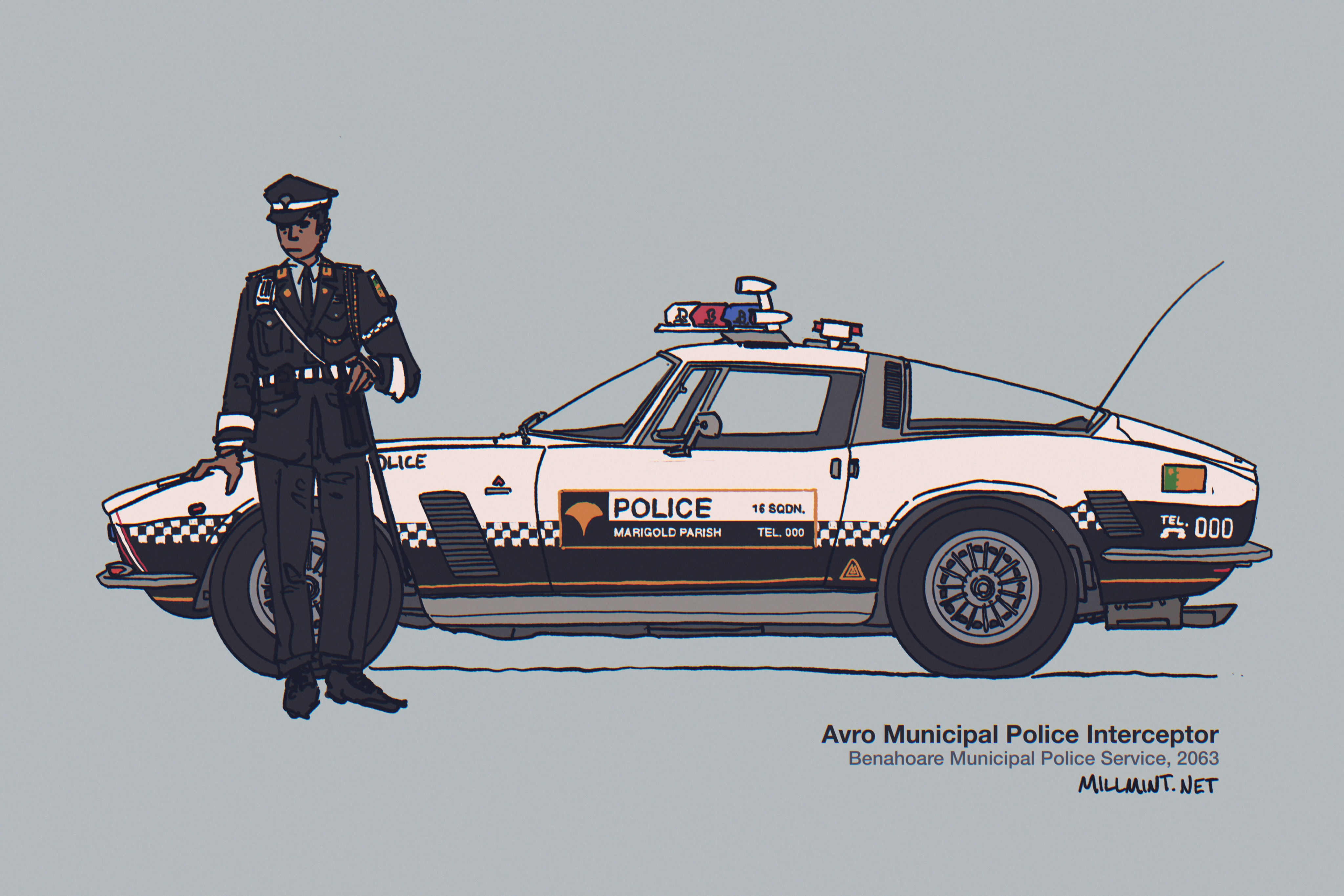 original, absurdres, highres, 1boy, black hat, black jacket, black necktie, black pants, car, collared shirt, dark-skinned male, dark skin, english text, grey background, hat, jacket, motor vehicle, necktie, pants, police, police car, police uniform, policeman, shirt, simple background, vekllei, white car, white shirt
