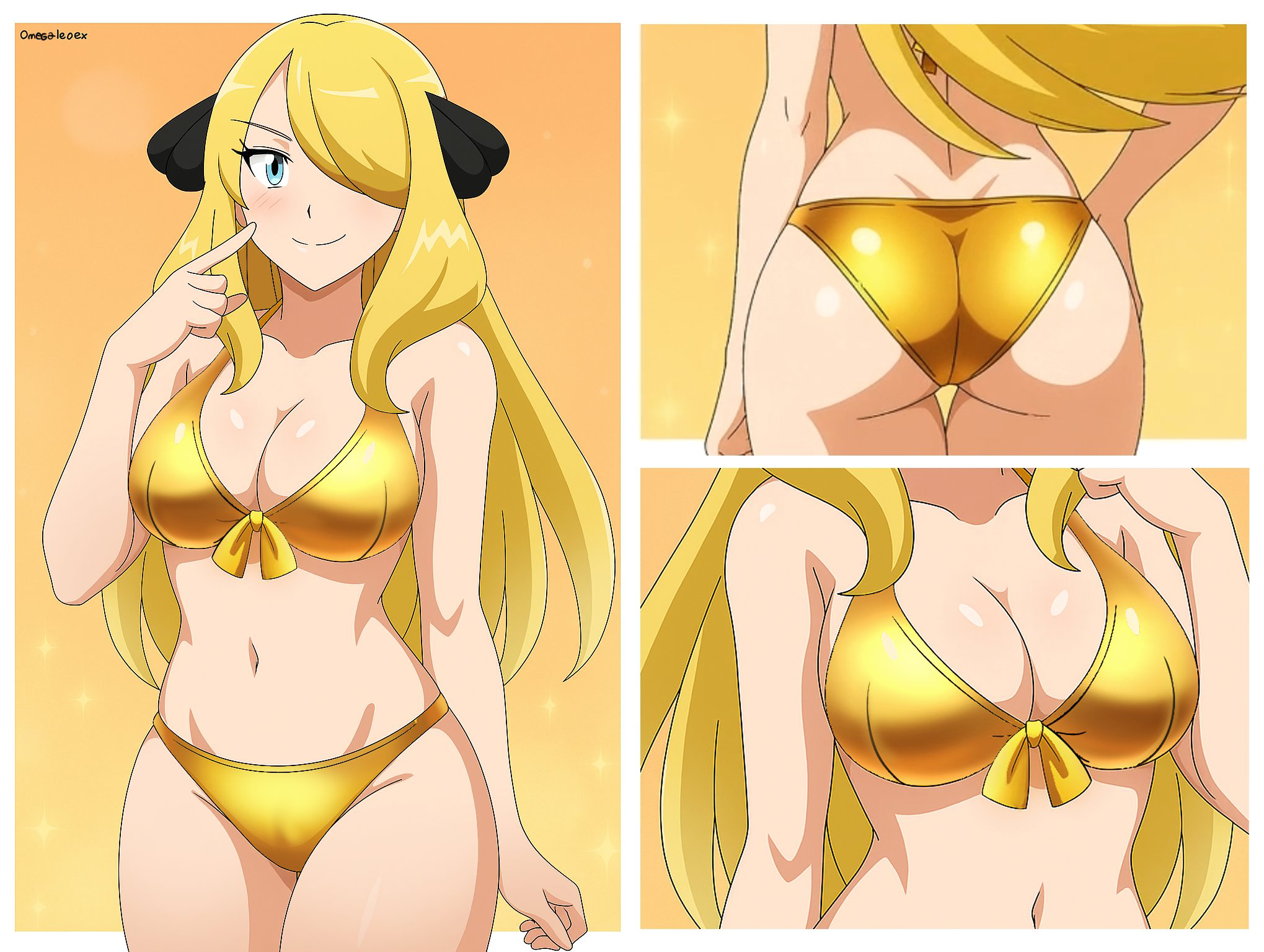 alexkonakona, cynthia (pokemon), nintendo, pokemon, pokemon dppt, highres, 1girl, ass, bikini, blue eyes, breasts, cleavage, closed mouth, gold bikini, hair ornament, hair over one eye, index finger raised, large breasts, long hair, multiple views, official alternate eye color, smile, swimsuit, very long hair, yellow background