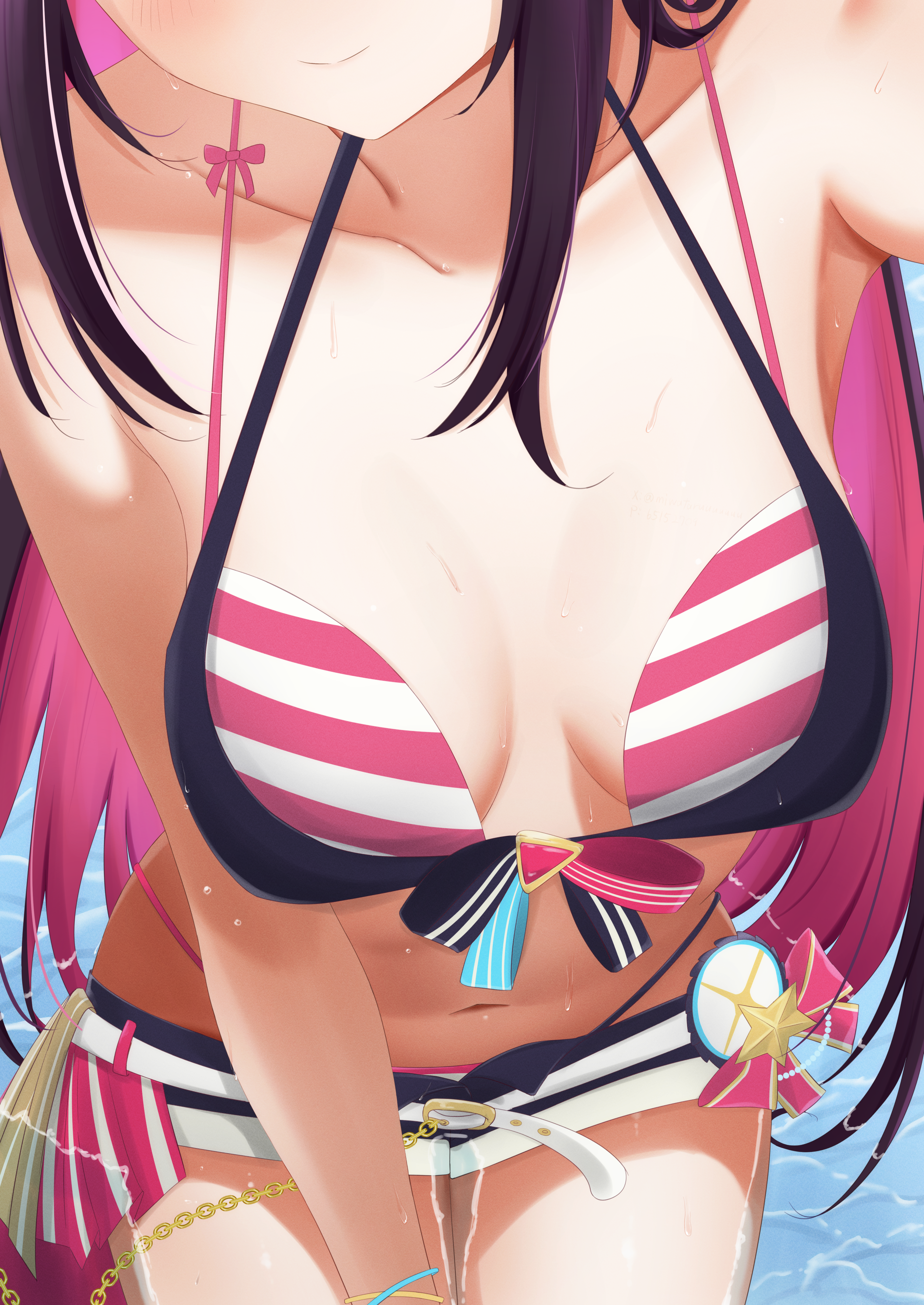miwataru, azki (hololive), hololive, absurdres, commentary, highres, 1girl, bare shoulders, belt, bikini, blue bikini, blue shorts, blush, bow, breasts, close-up, closed mouth, collarbone, colored inner hair, eyes out of frame, head out of frame, hololive summer 2023 swimsuit, long hair, multicolored bikini, multicolored hair, navel, pink bikini, pink bow, pink hair, pink ribbon, ribbon, shorts, smile, solo, stomach, streaked hair, striped bikini, striped clothes, swimsuit, thighs, two-tone bikini, virtual youtuber, water, white belt, white bikini, yellow ribbon