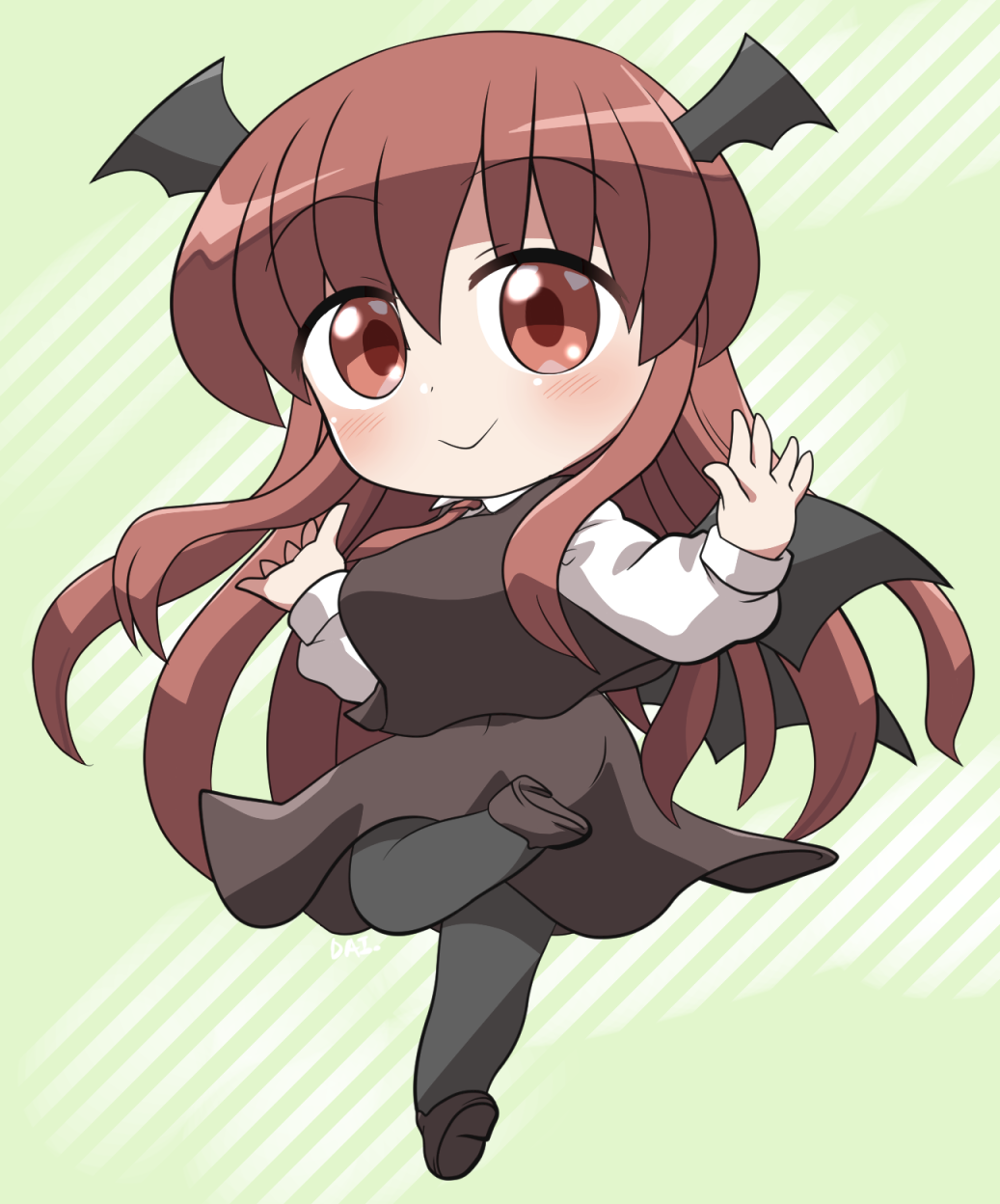 rokugou daisuke, koakuma, touhou, highres, 1girl, black dress, black pantyhose, black shoes, blush, chibi, demon girl, dress, green hair, head wings, long hair, necktie, pantyhose, red eyes, shoes, smile, wings