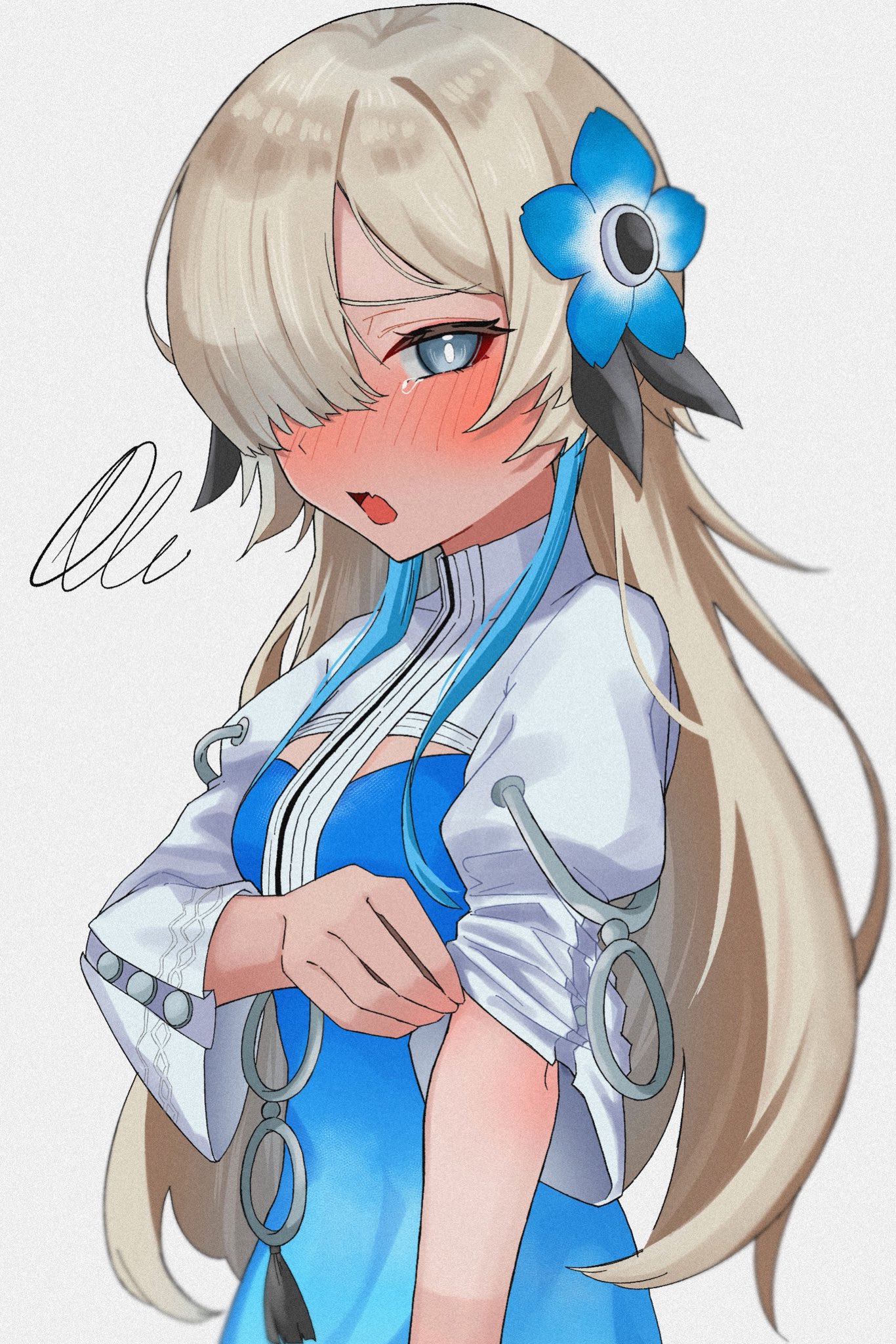 tekomaru, isekaijoucho, kamitsubaki studio, highres, 1girl, blue eyes, blue hair, blush, dress, embarrassed, flower, grey hair, hair flower, hair ornament, hair over one eye, long hair, looking at viewer, open mouth, solo, tan, tanline, tearing up, upper body