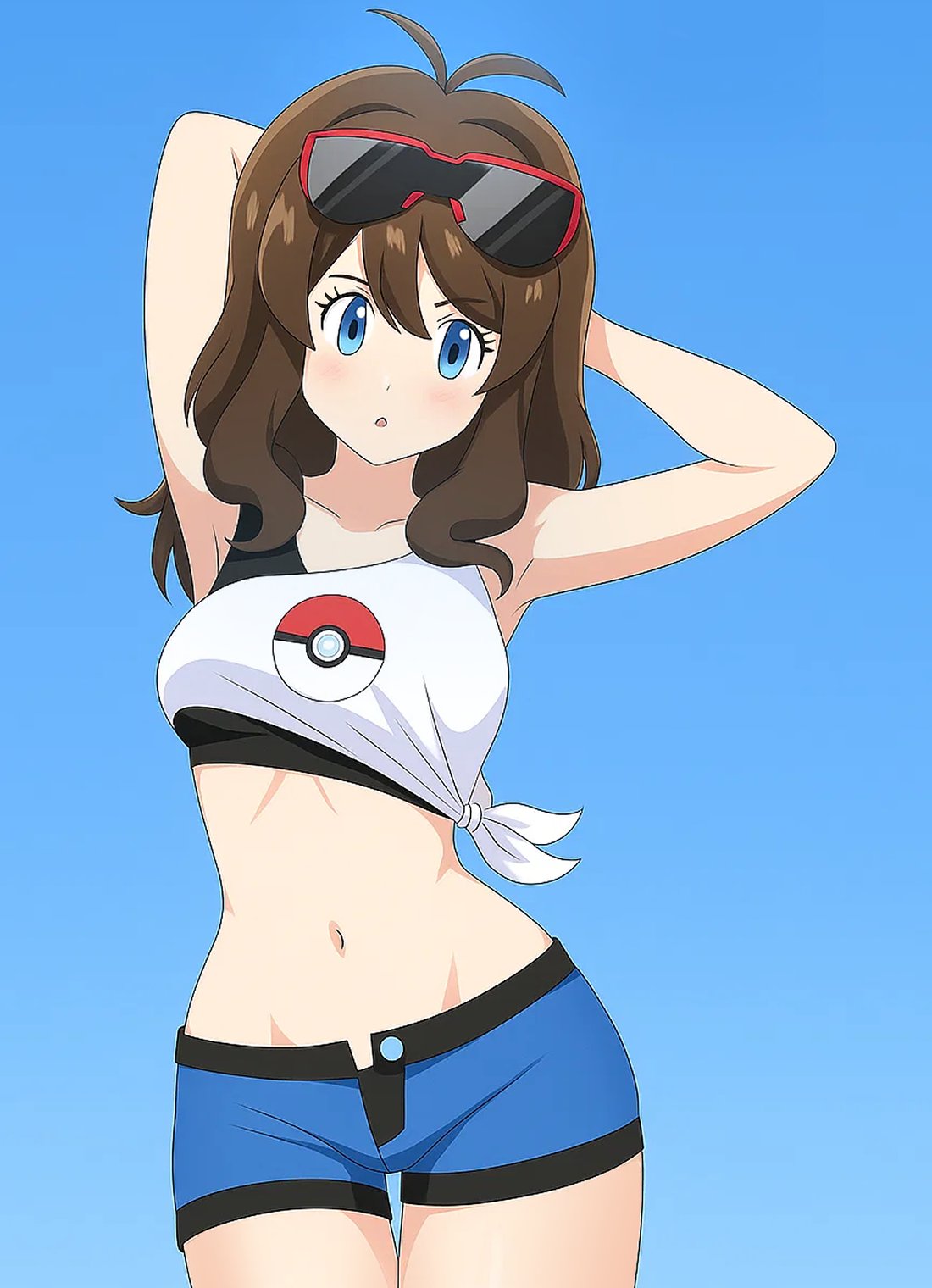 alexkonakona, hilda (pokemon), nintendo, pokemon, pokemon bw, highres, 1girl, :o, ahoge, armpits, arms up, bikini, bikini bottom under shorts, bikini under clothes, blue background, blue eyes, breasts, brown hair, cowboy shot, crop top, eyewear on head, long hair, medium breasts, open fly, poke ball print, shirt, short shorts, shorts, sidelocks, simple background, solo, sunglasses, swimsuit, tied shirt, wide ponytail