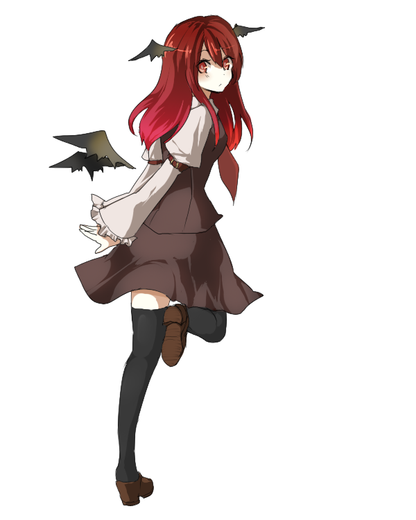 kame, koakuma, embodiment of scarlet devil, touhou, bad id, bad pixiv id, 1girl, bat wings, female focus, full body, head wings, long hair, red eyes, red hair, simple background, skirt, socks, solo, thighhighs, white background, wings, zettai ryouiki