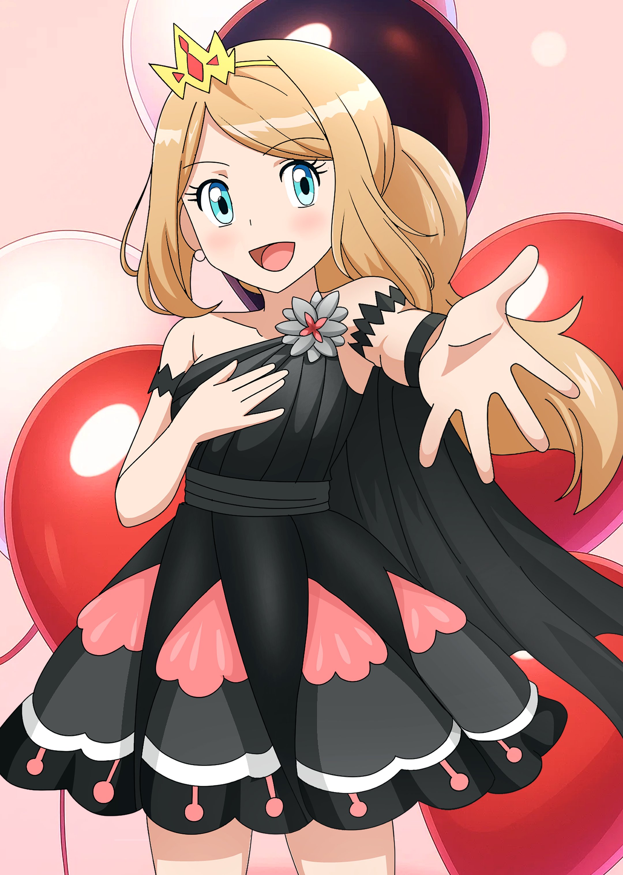 alexkonakona, serena (pokemon), nintendo, pokemon, pokemon masters ex, absurdres, commentary, highres, 1girl, :d, blonde hair, blue eyes, collarbone, cowboy shot, dress, earrings, eyelashes, hand on own chest, happy, jewelry, long hair, looking at viewer, official alternate color, official alternate costume, open mouth, outstretched hand, single strap, smile, solo, spread fingers, tongue