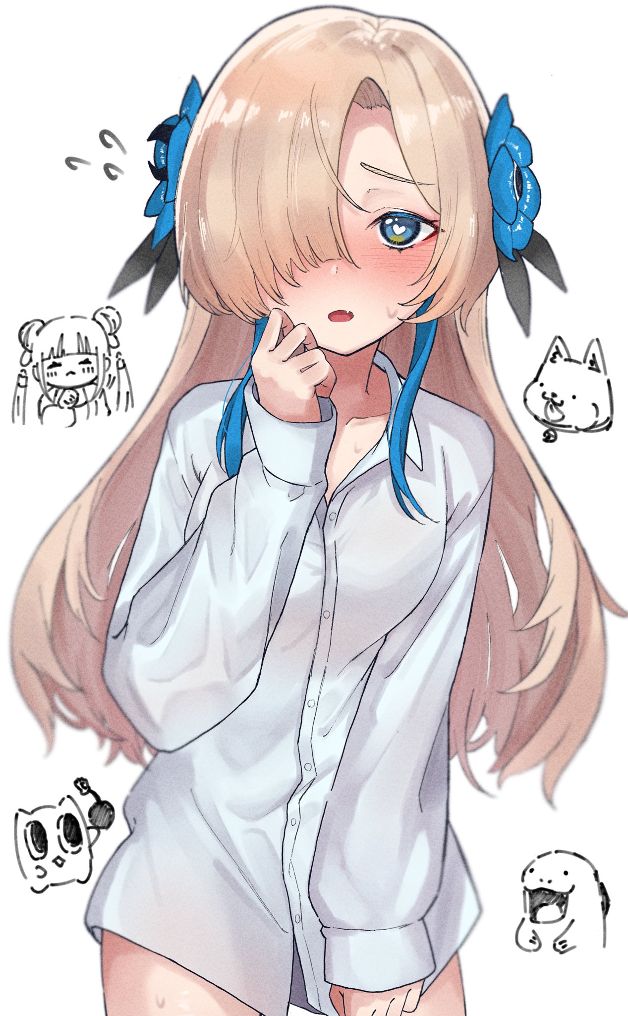 tekomaru, harusaruhi, isekaijoucho, kamitsubaki studio, highres, 1girl, blue eyes, blue hair, blush, breasts, chibi, chibi inset, dog, embarrassed, flower, gomidasu (kamitsubaki studio), grey hair, hair flower, hair ornament, hair over one eye, heart, heart-shaped pupils, long hair, looking at viewer, naked shirt, shirt, small breasts, symbol-shaped pupils