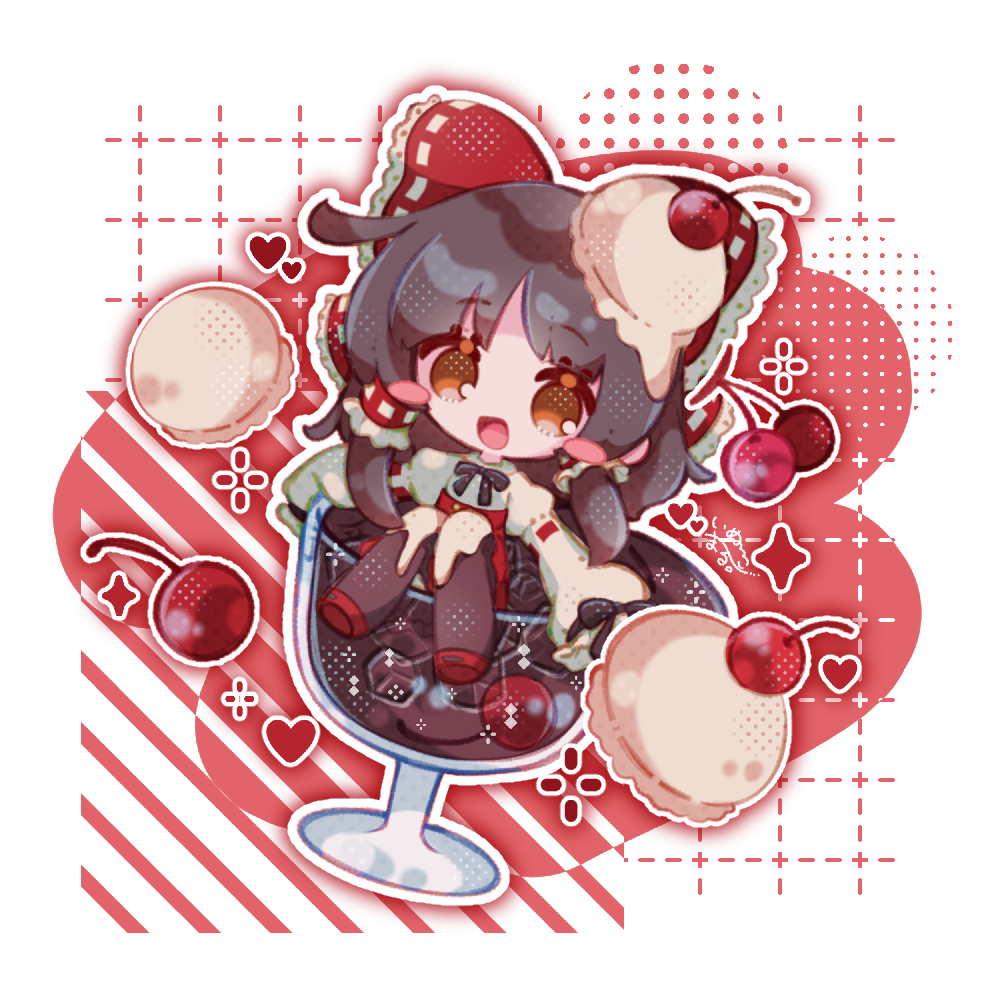 inukkomaru, hakurei reimu, touhou, 1girl, black hair, brown eyes, cherry, chibi, chibi only, food, food on head, fruit, hair ribbon, ice cream, object on head, red shoes, red skirt, ribbon, shoes, skirt, smile