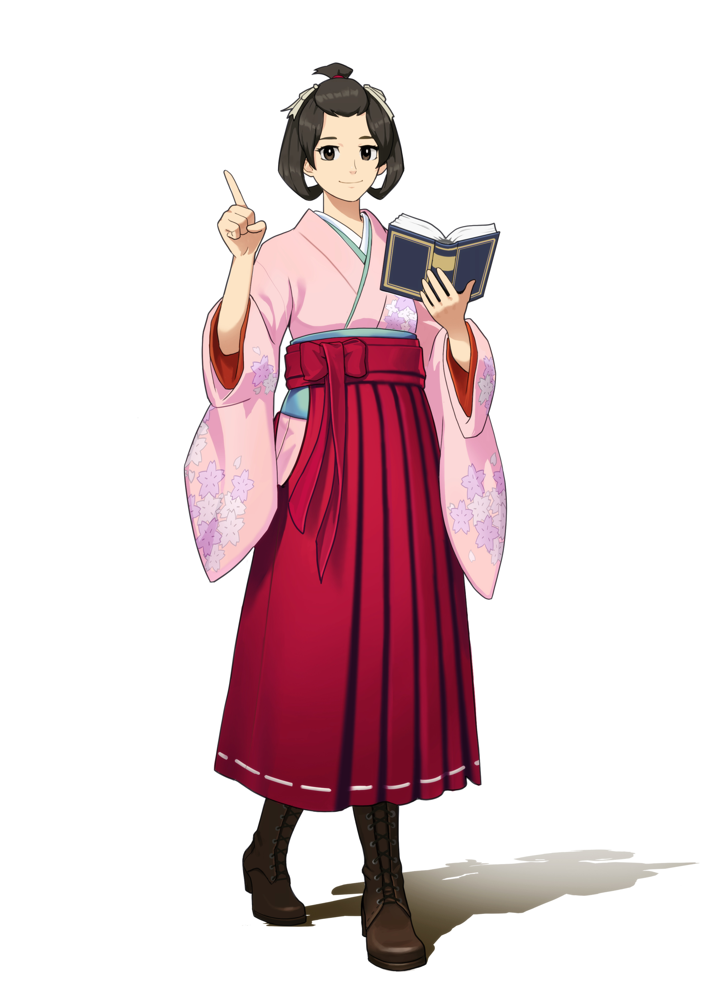 js (muxin007), susato mikotoba, ace attorney, the great ace attorney, absurdres, commentary request, highres, 1girl, black eyes, black hair, book, boots, brown boots, floral print, full body, hair pulled back, hakama, hakama skirt, holding, holding book, index finger raised, japanese clothes, red hakama, shadow, skirt, solo, topknot