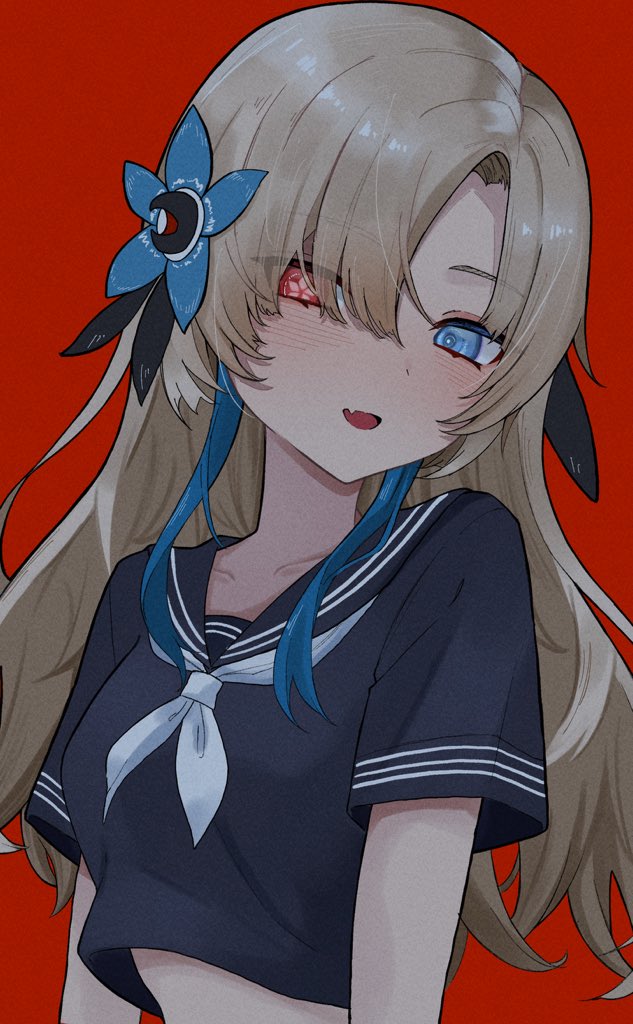 tekomaru, isekaijoucho, kamitsubaki studio, 1girl, black serafuku, blue eyes, blue hair, grey hair, hair over one eye, heterochromia, long hair, looking at viewer, open mouth, red background, red eyes, sailor collar, school uniform, serafuku, simple background, smile, solo, symbol-shaped pupils, upper body
