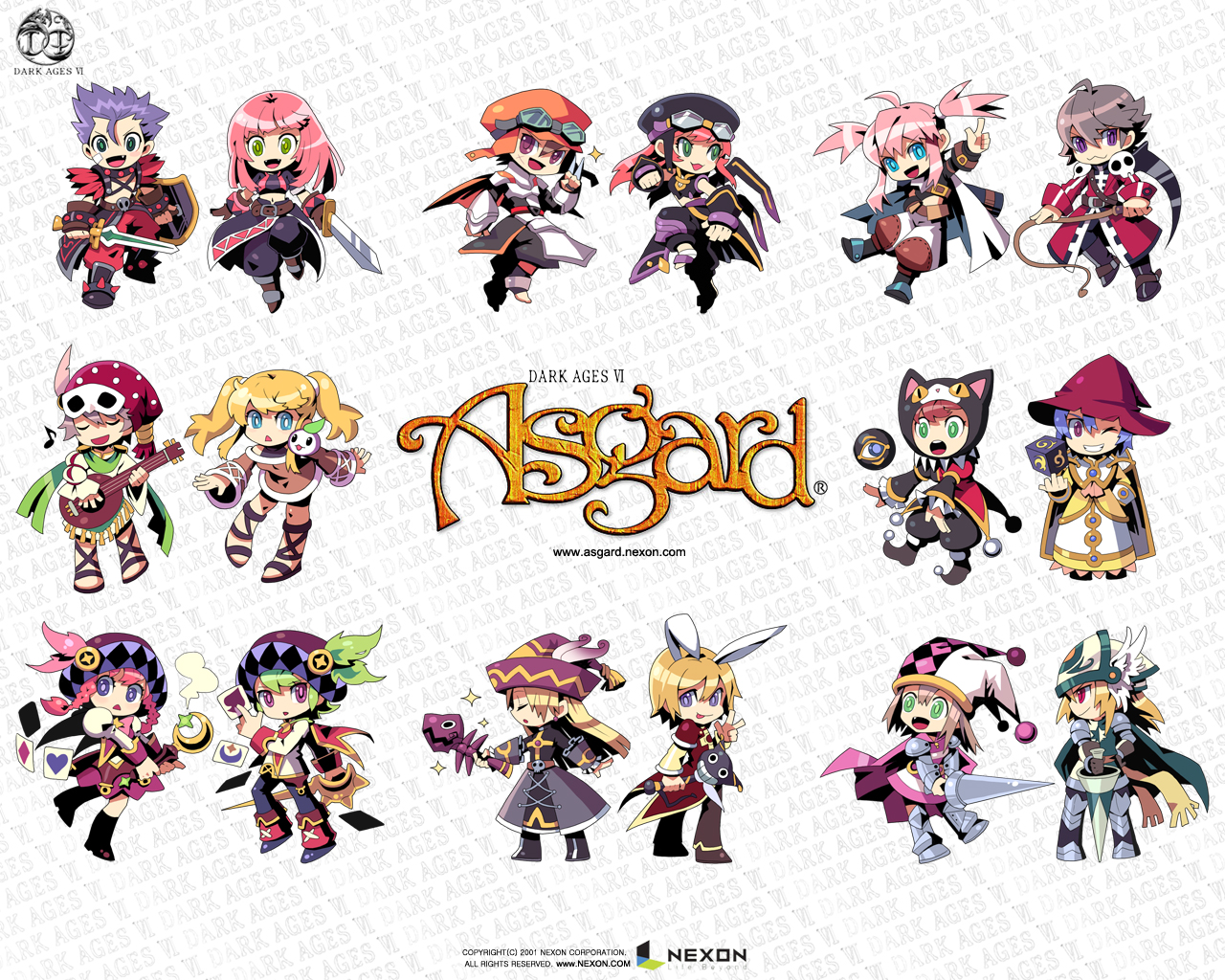 bf. (sogogiching), asgard, nexon, official art, official wallpaper, second-party source, 2001, 6+boys, 6+girls, :3, animal ear hood, animal ears, animal hood, anime coloring, ankle boots, ankle cuffs, aqua eyes, aqua pupils, argyle clothes, argyle hat, armor, baggy pants, bard, bard (asgard), belt, black cape, black eyes, black hat, black hood, black jumpsuit, black mouth, black pants, black shirt, black shoes, black skirt, black sleeves, black straps, black wrist cuffs, blonde hair, blue eyes, blue gemstone, blue hair, blue pupils, blunt ends, boots, bow, bowtie, braid, bright pupils, brooch, brown belt, brown gloves, brown hair, brown pants, brown sandals, brown shirt, brown shoes, brown sleeves, cape, card, cat hood, chibi, chibi only, clenched hand, cleric (asgard), clerical collar, closed eyes, closed mouth, coat, coattails, colored sclera, company name, copyright name, copyright notice, creature, crescent, crescent brooch, crescent ornament, crop top, cropped shirt, cross, cross-laced clothes, cross-laced legwear, cross-laced straps, cross-laced top, cross print, cube, cuisses, dated, diamond (shape), dress, earrings, eighth note, english text, epee, everyone, eyelashes, facial scar, facing viewer, fake animal ears, fake claws, fang, fangs, fantasy, feathers, fingerless gloves, flipped hair, floating, floating object, foot wraps, frilled sleeves, frills, gem, gladiator sandals, gloves, goggles, goggles on headwear, gold buckle, gold hair tie, greaves, green eyes, green feathers, green hair, green pupils, green scarf, grey cape, grin, hair between eyes, hair tie, hand on own hip, hat, hat feather, hat tassel, heart, helmet, holding, holding card, holding instrument, holding lute, holding polearm, holding shield, holding sword, holding wand, holding weapon, holding whip, hood, instrument, jester cap, jewelry, juliet sleeves, jumpsuit, knight (asgard), lance, latin cross, layered sleeves, leaf, light blush, logo, long hair, long sidelocks, long skirt, long sleeves, looking at another, looking at viewer, looking to the side, lute (instrument), mage (asgard), martial arts, mask, mask on head, masquerade mask, medium hair, midriff, miniskirt, monk (asgard), multicolored hat, multiple boys, multiple girls, music, musical note, neck ruff, no nose, o-ring, off-shoulder shirt, off shoulder, one eye closed, onesie, open clothes, open coat, open hands, open mouth, orange cape, orange hat, pants, pauldrons, pink bow, pink bowtie, pink cape, pink dress, pink feathers, pink hair, pink hat, pink wrist cuffs, planted, planted polearm, playing card, playing instrument, pointing, pointing up, pointy shoes, polearm, poleyn, polka dot hat, pom pom (clothes), print shirt, profile, prophet (asgard), puff and slash sleeves, puffy sleeves, puritan collar, purple eyes, purple hat, purple pupils, purple skirt, purple tabard, rabbit ears, red coat, red eyes, red fur, red hat, red pants, red shirt, red sleeves, red tabard, rerebrace, sabaton, sandals, scar, scar on cheek, scar on face, scarf, scythe, shield, shirt, shirt under shirt, shoes, short dress, short hair, short over long sleeves, short sleeves, shoulder armor, shoulder belt, sidelocks, sideways mouth, silver armor, skirt, skull belt, skull pauldron, sleeve cuffs, smile, smoke, spade (shape), spiked boots, standing, star (symbol), star brooch, striped clothes, striped dress, striped sleeves, studded belt, studded wristband, surcoat, sword, tabard, tassel, text background, thief (asgard), toeless legwear, tongue, tongue out, torn clothes, torn hat, triangle mouth, turtleneck, turtleneck shirt, twin braids, twintails, twisted torso, two-tone dress, two-tone shirt, two-tone wrist cuffs, v-shaped eyebrows, vambraces, w, waist cape, wand, warrior (asgard), watermark, weapon, web address, white cape, white dress, white hat, white mask, white pants, white pupils, white shirt, white skirt, white sleeves, white trim, winged helmet, witch hat, wrist belt, wrist cuffs, yellow sclera, yellow shirt, yellow sleeves, yellow trim