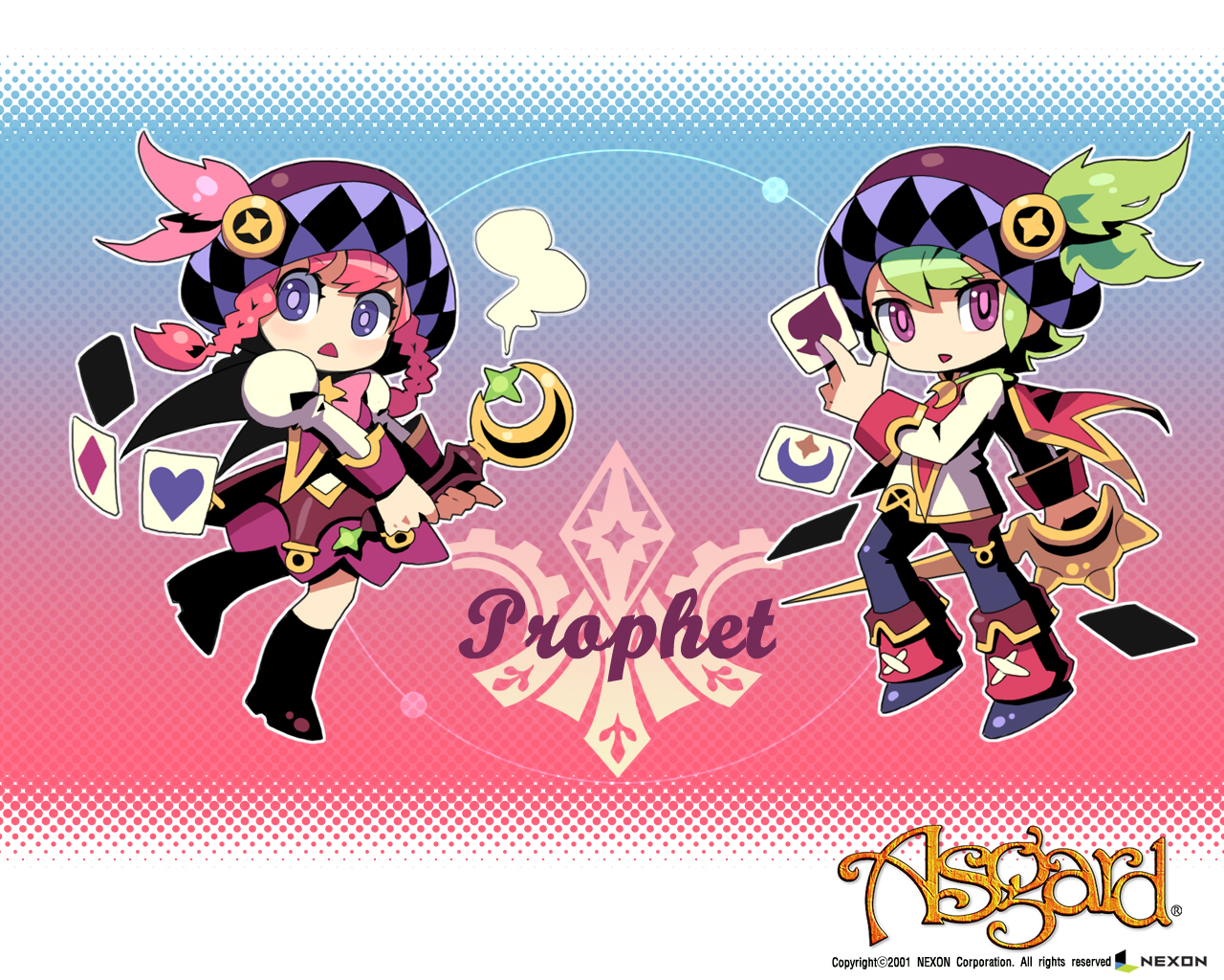 bf. (sogogiching), asgard, official art, official wallpaper, second-party source, 1boy, 1girl, 2001, anime coloring, ankle boots, ankle cuffs, argyle clothes, argyle hat, ben-day dots, black pants, black shoes, boots, bow, bowtie, braid, brooch, card, character name, chibi, chibi only, company name, copyright name, copyright notice, crescent, crescent brooch, crescent ornament, cross-laced clothes, cross-laced top, dated, diamond (shape), epee, eyelashes, fantasy, feathers, flipped hair, floating, floating object, green feathers, green hair, hair between eyes, halftone, halftone background, hat, hat feather, heart, holding, holding card, holding polearm, holding wand, holding weapon, jewelry, juliet sleeves, legs apart, light blush, long sleeves, looking to the side, medium hair, miniskirt, no nose, o-ring, open mouth, outline, pants, pink bow, pink bowtie, pink feathers, pink hair, playing card, polearm, prophet (asgard), puffy sleeves, purple eyes, purple hat, purple pupils, purple skirt, purple tabard, red tabard, screentones, shirt, shoes, short hair, simple background, skirt, sleeve cuffs, smoke, spade (shape), star (symbol), star brooch, tabard, triangle mouth, twin braids, twintails, wand, weapon, white outline, white shirt