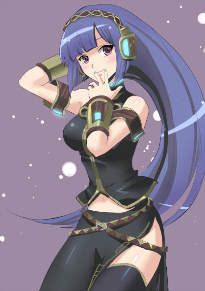 izumi rion, megurine luka, roux louka, gundam, gundam zz, vocaloid, 1girl, blue hair, blush, cosplay, female focus, long hair, megurine luka (cosplay), nail polish, navel, purple eyes, solo, thighhighs, very long hair