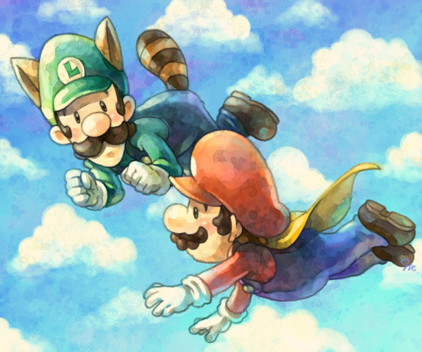 nessie, nessie (kska), cape mario, luigi, mario, raccoon luigi, raccoon mario, mario (series), nintendo, super mario bros. 1, super mario bros. 3, super mario world, bad id, bad pixiv id, 2boys, animal ears, brothers, cape, facial hair, flying, gloves, hat, male focus, multiple boys, mustache, plumber, raccoon tail, siblings, sky, tail