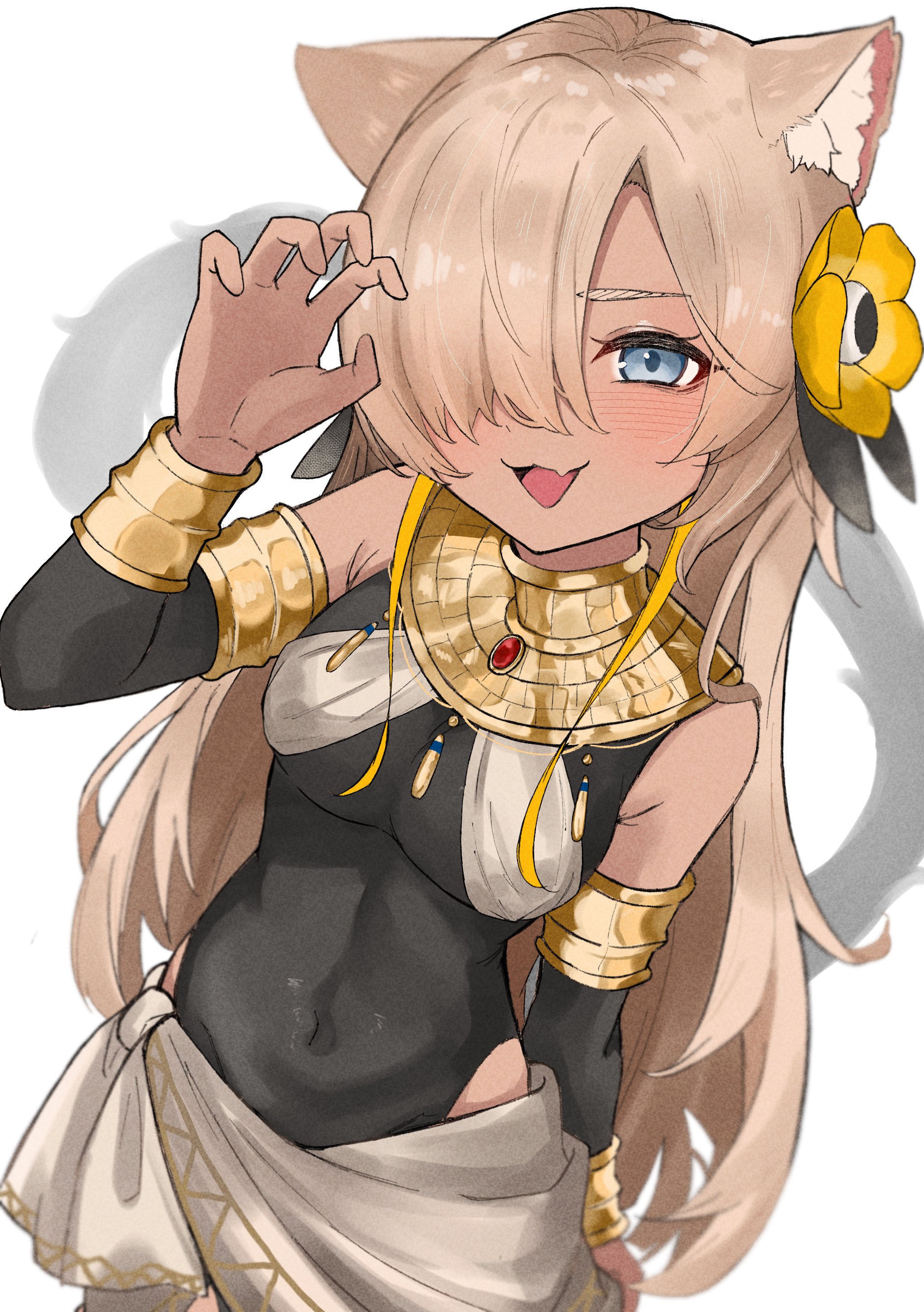 tekomaru, isekaijoucho, kamitsubaki studio, absurdres, highres, 1girl, ancient egyptian clothes, animal ears, ankh necklace, blue eyes, blush, breasts, cat ears, cat girl, claw pose, fang, flower, hair flower, hair ornament, hair over one eye, if you want to become a godly artist (trend), jewelry, leotard, looking at viewer, small breasts, smile, solo, tan