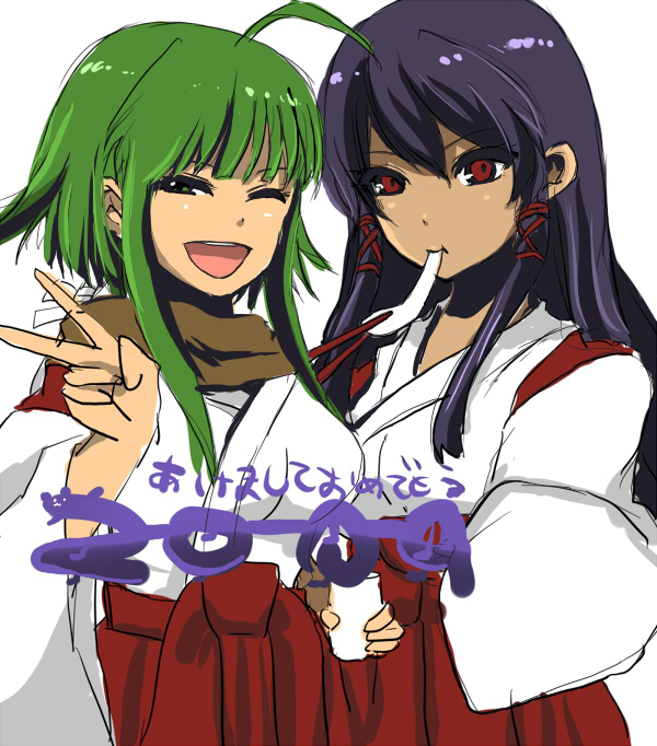 masaki (celesta), nagase kaede, tatsumiya mana, mahou sensei negima!, 00s, 2girls, ahoge, dark-skinned female, dark skin, green eyes, green hair, hakama, hakama skirt, japanese clothes, long hair, miko, mouth hold, multiple girls, one eye closed, ponytail, red eyes, red hakama, skirt, v, wink