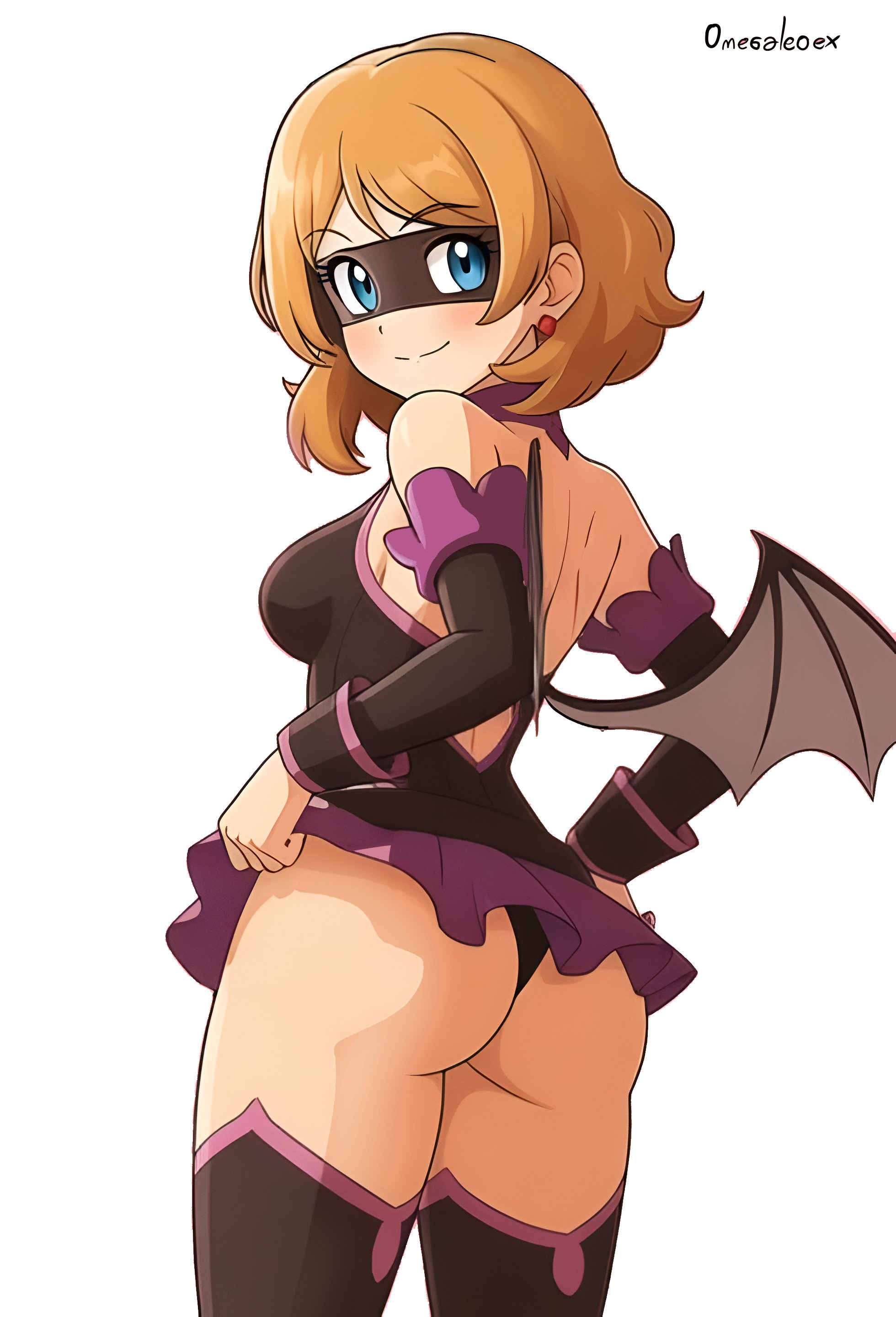 alexkonakona, haneyama kazuho, serena (pokemon), boku no hero academia, nintendo, pokemon, pokemon (anime), pokemon journeys, absurdres, commentary, highres, 1girl, ass, black leotard, black sleeves, black thighhighs, blue eyes, closed mouth, cosplay, detached sleeves, earrings, eye mask, eyelashes, haneyama kazuho (cosplay), jewelry, leotard, looking back, mask, purple skirt, shoulder blades, signature, simple background, skirt, smile, solo, split mouth, thighhighs, white background
