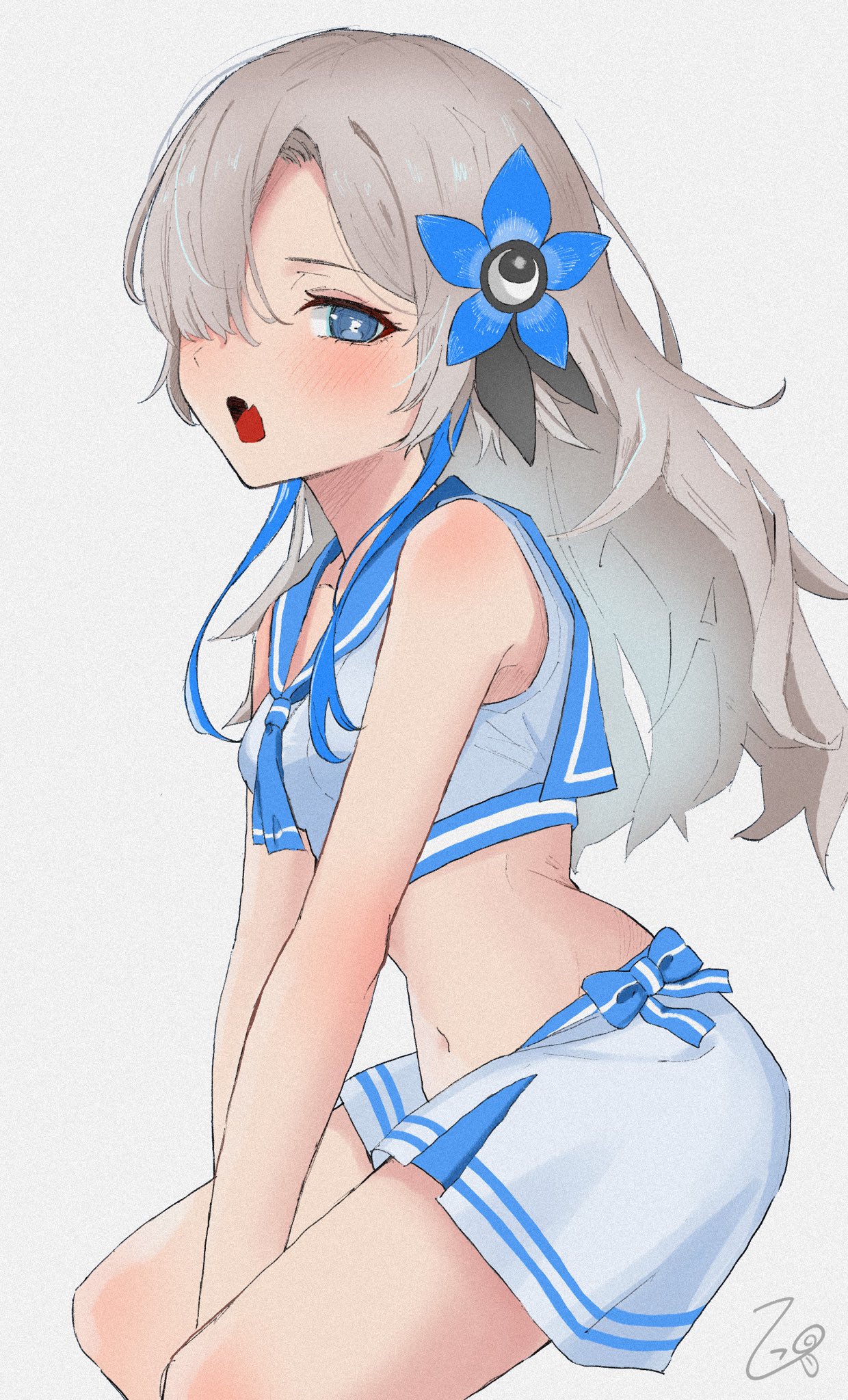 tekomaru, isekaijoucho, kamitsubaki studio, highres, 1girl, bikini, bikini skirt, blue eyes, blue hair, blush, breasts, flower, grey hair, hair flower, hair ornament, hair over one eye, long hair, looking at viewer, multicolored hair, open mouth, sailor bikini, sailor collar, small breasts, solo, swimsuit, two-tone hair