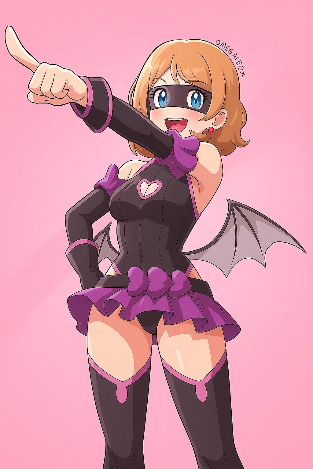 alexkonakona, haneyama kazuho, serena (pokemon), boku no hero academia, nintendo, pokemon, pokemon (anime), pokemon journeys, commentary, highres, 1girl, :d, black leotard, black sleeves, black thighhighs, blue eyes, cosplay, detached sleeves, earrings, eyelashes, hand on own hip, haneyama kazuho (cosplay), happy, jewelry, leotard, open mouth, pointing, purple background, purple skirt, signature, simple background, skirt, smile, solo, teeth, thighhighs, tongue, upper teeth only