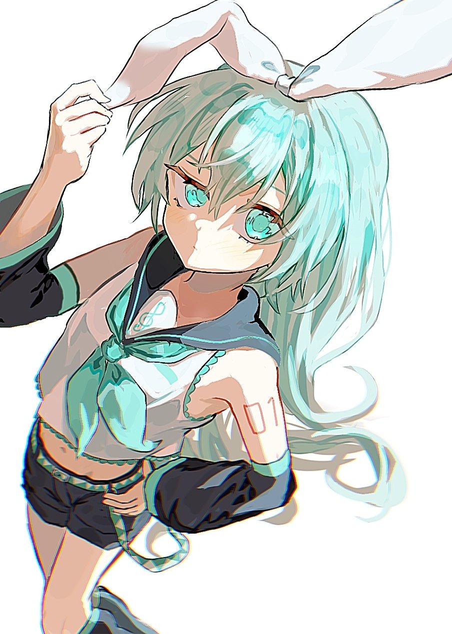 baniraandk35222, hatsune miku, kagamine rin, vocaloid, highres, 1girl, alternate costume, alternate hairstyle, aqua belt, aqua eyes, aqua hair, aqua neckerchief, aqua trim, bare shoulders, belt, black leg warmers, black sailor collar, black shorts, black sleeves, bow, closed mouth, cosplay, detached sleeves, double-parted bangs, frown, hair between eyes, hair bow, hand on own hip, kagamine rin (cosplay), leg warmers, long hair, looking at viewer, neckerchief, number tattoo, sailor collar, shirt, short shorts, shorts, shoulder tattoo, tattoo, uneven eyes, white background, white bow, white shirt