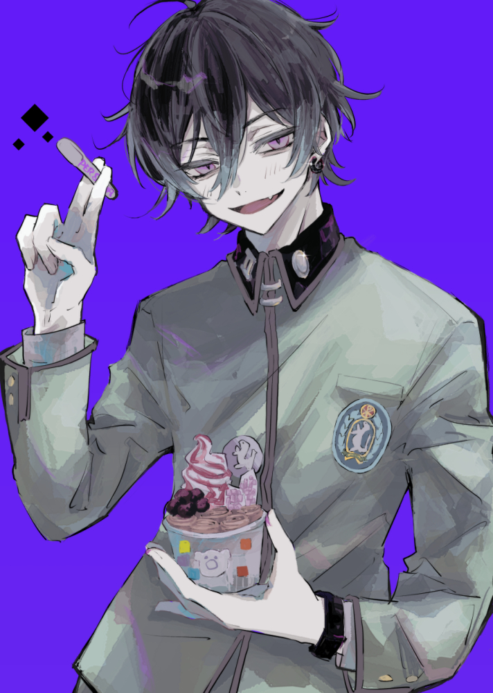 sumino suito, toudou naoya, persona, persona 1, commentary request, 1boy, ahoge, black hair, cup, diamond-shaped pupils, diamond (shape), disposable cup, fang, grey jacket, hair between eyes, hand up, holding, holding spoon, ice cream cup, ice cream spoon, jacket, long sleeves, looking at viewer, messy hair, open mouth, purple background, purple eyes, school uniform, short hair, simple background, smile, solo, spoon, st. hermelin school uniform, symbol-shaped pupils, upper body