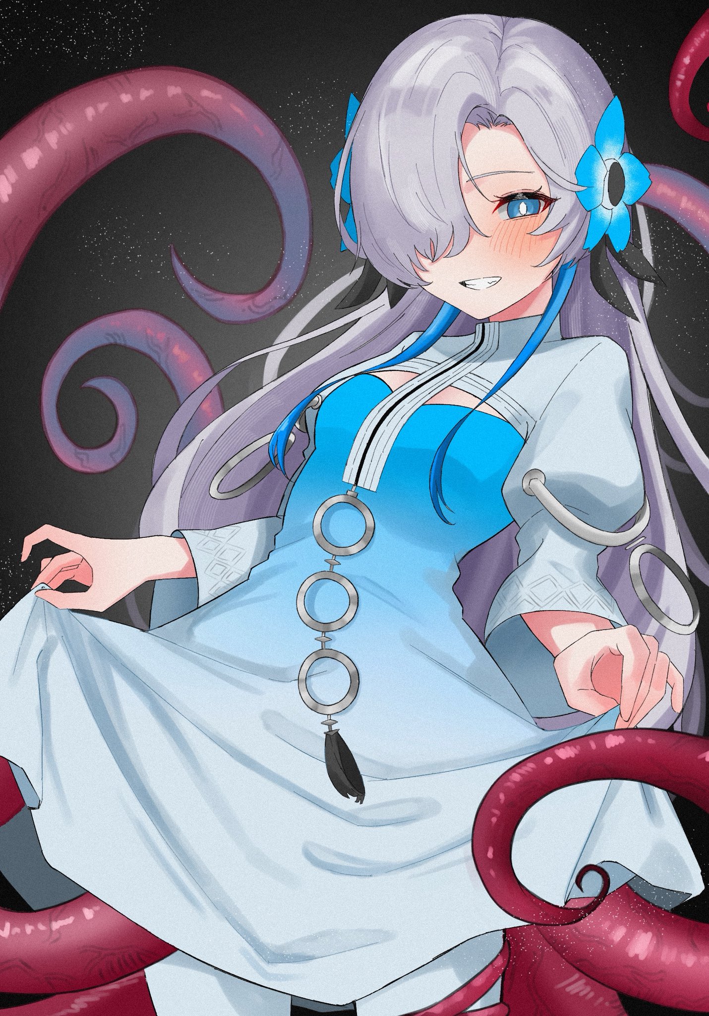 tekomaru, isekaijoucho, kamitsubaki studio, highres, 1girl, blue eyes, blue hair, blush, dress, flower, grey hair, grin, hair flower, hair ornament, hair over one eye, long hair, looking at viewer, pantyhose, skirt hold, sky, smile, solo, star (sky), starry sky, tentacles, white pantyhose
